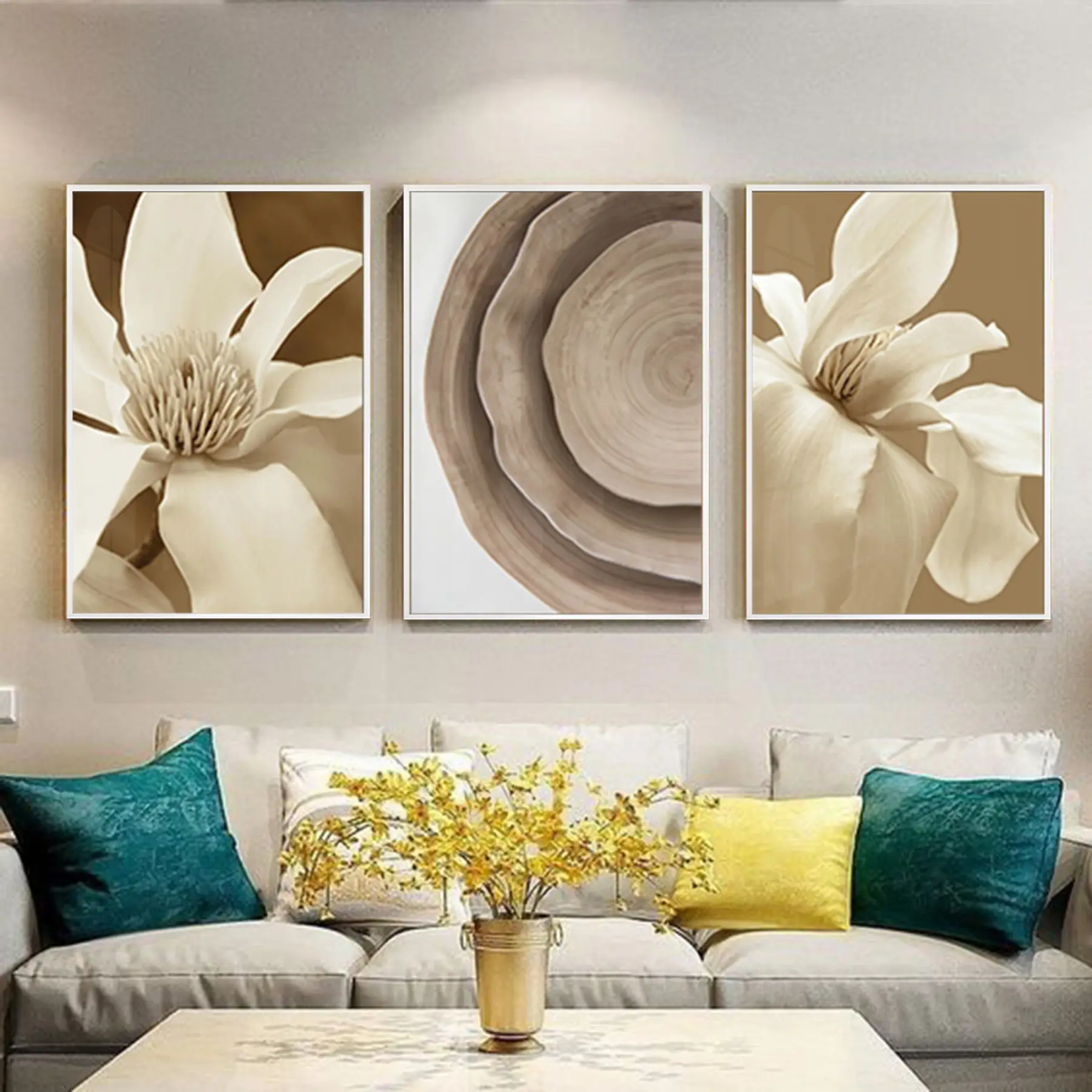 Kahverengi Çiçekler Tasarım Metal Çerçeveli Tablo Seti Beyaz