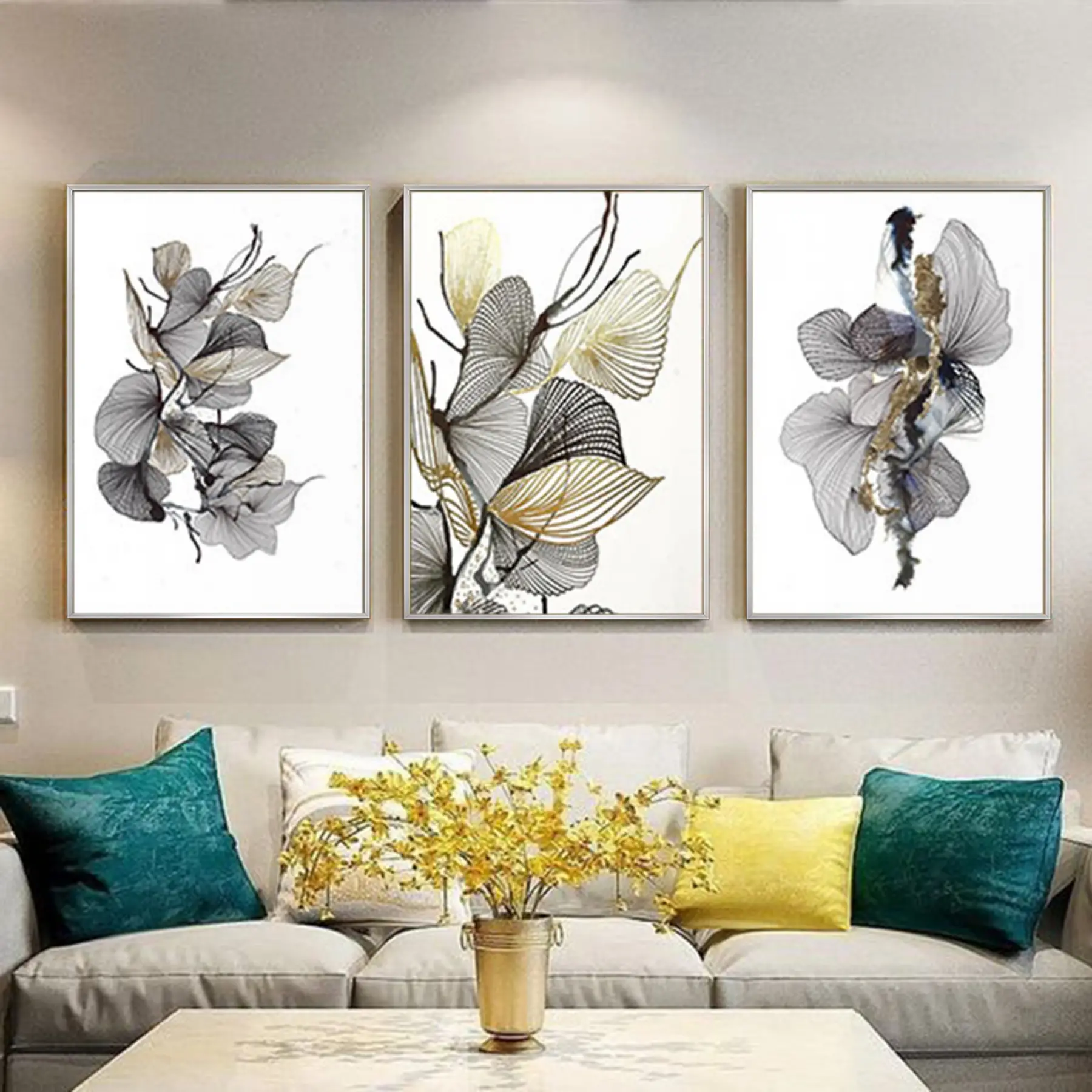 Siyah Ve Gold Dokuma Tasarım Metal Çerçeveli Tablo Seti Gümüş