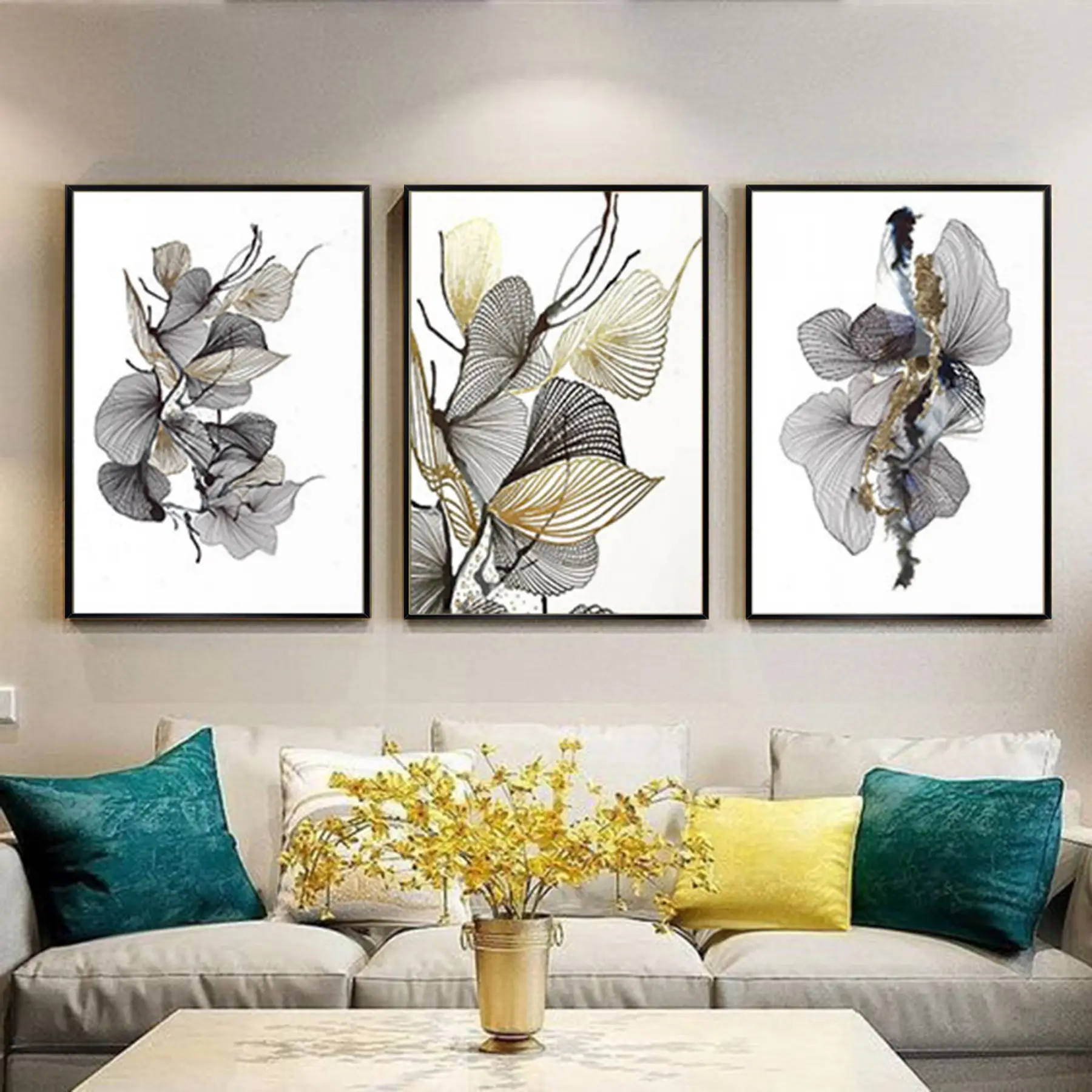 Siyah Ve Gold Dokuma Tasarım Metal Çerçeveli Tablo Seti Siyah