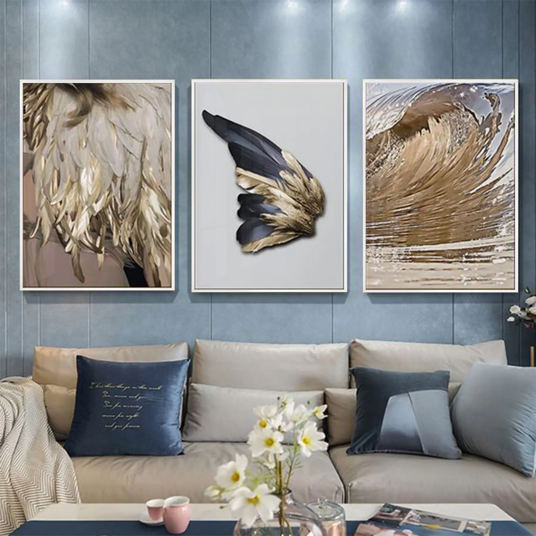 Kelebek Kanadı Gold Desenli Metal Çerçeveli Tablo Seti Beyaz