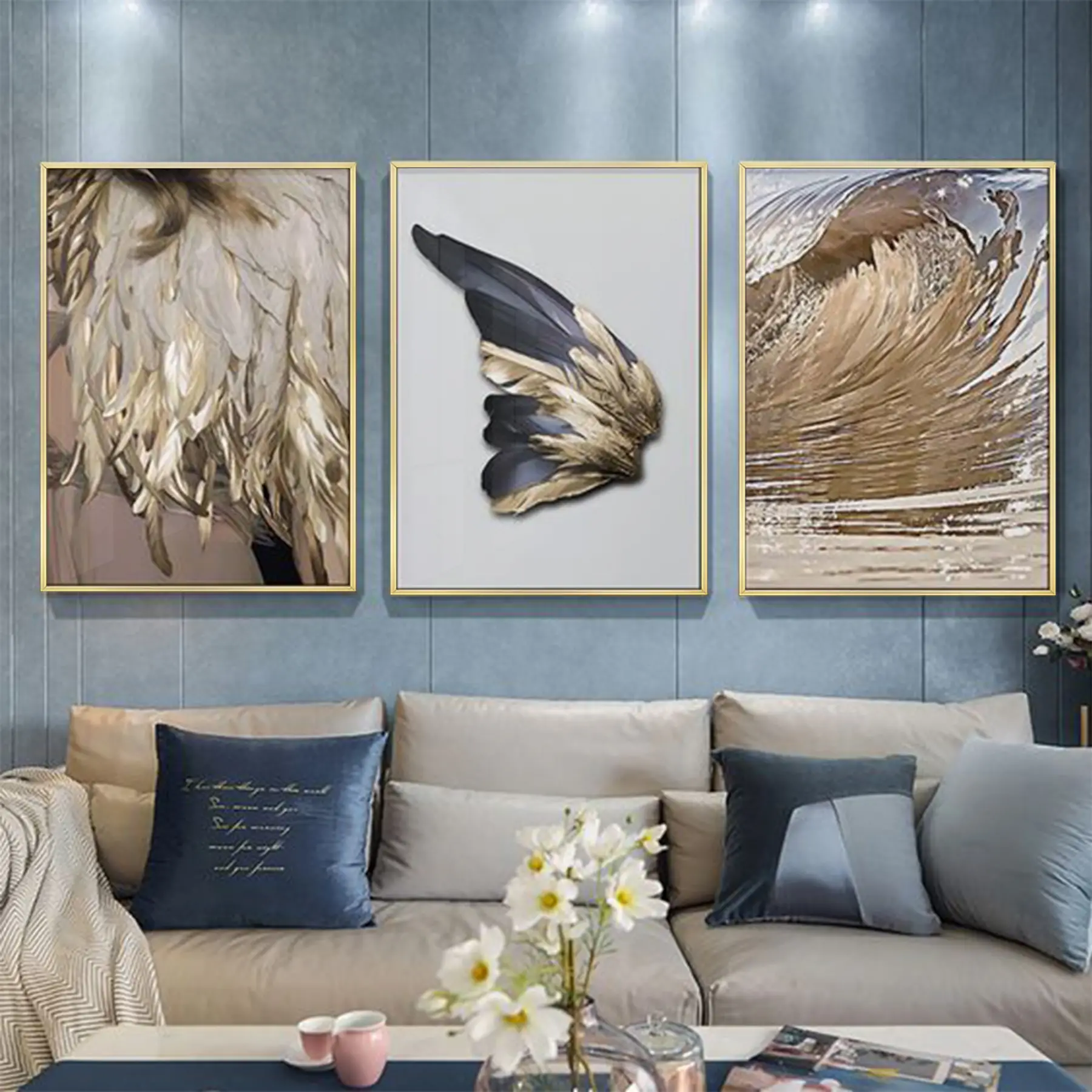 Kelebek Kanadı Gold Desenli Metal Çerçeveli Tablo Seti Altın