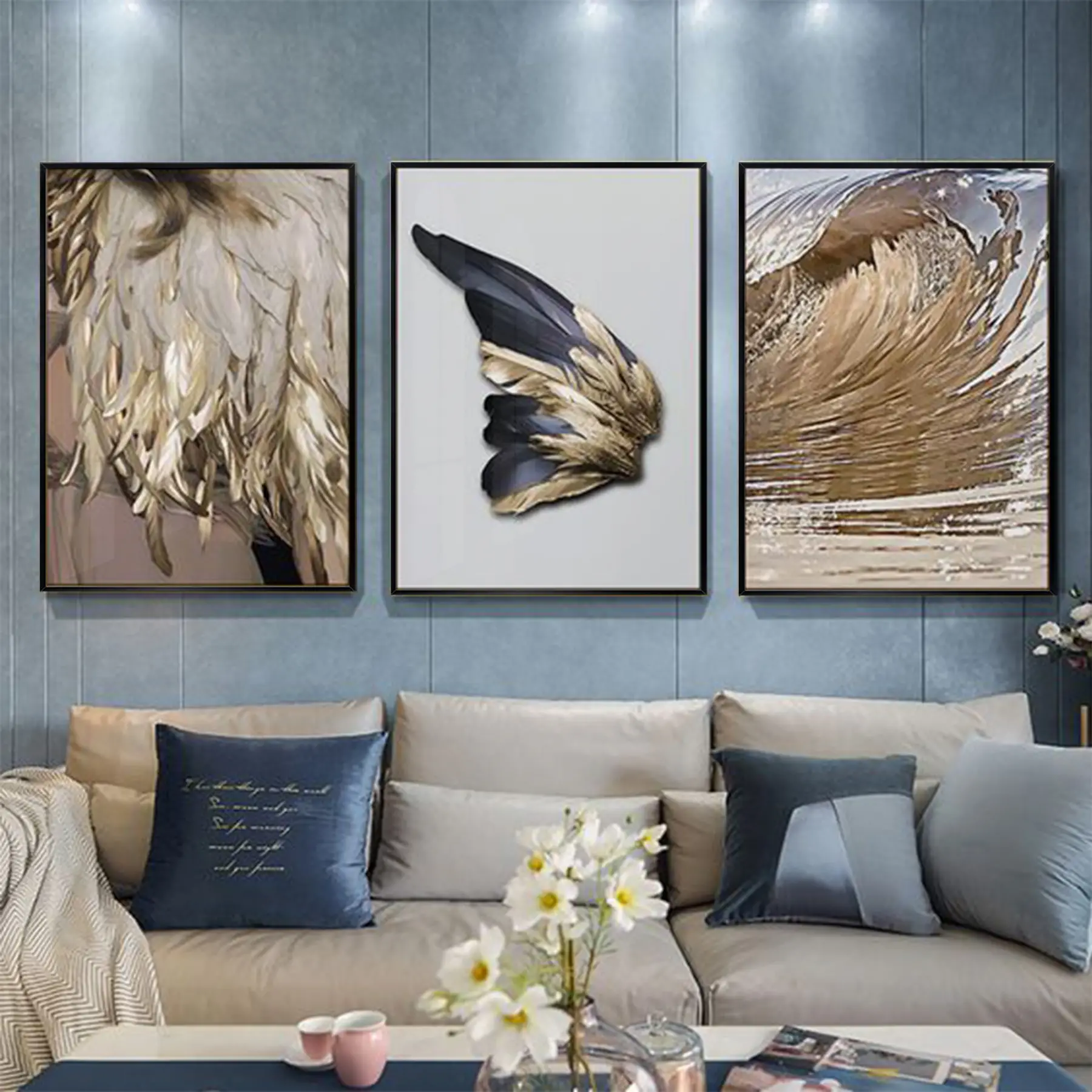 Kelebek Kanadı Gold Desenli Metal Çerçeveli Tablo Seti Siyah