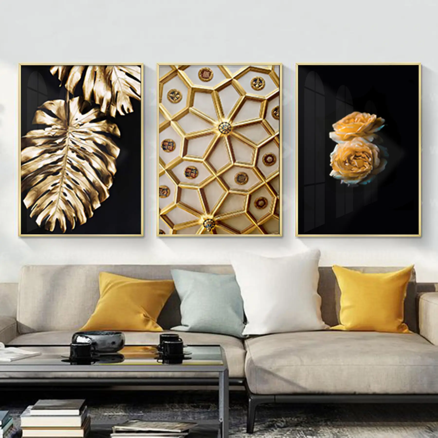 Siyah Ve Gold Desenli Metal Çerçeveli Tablo Seti Altın