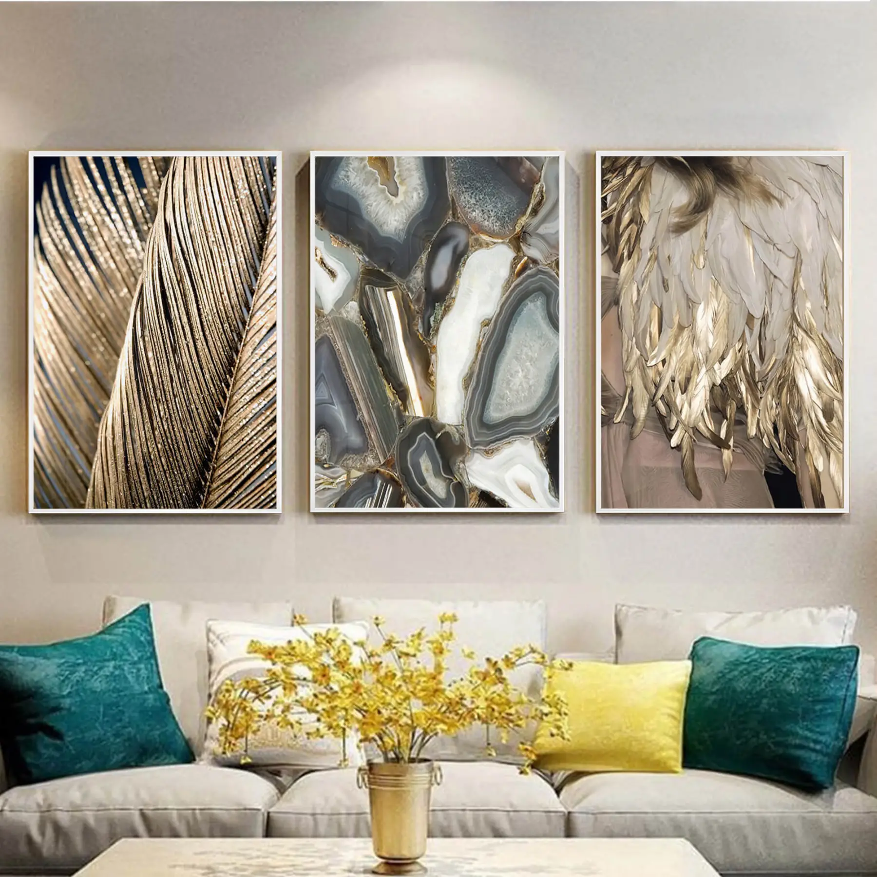 Mermer Ve Gold Desenli Metal Çerçeveli Tablo Seti Beyaz