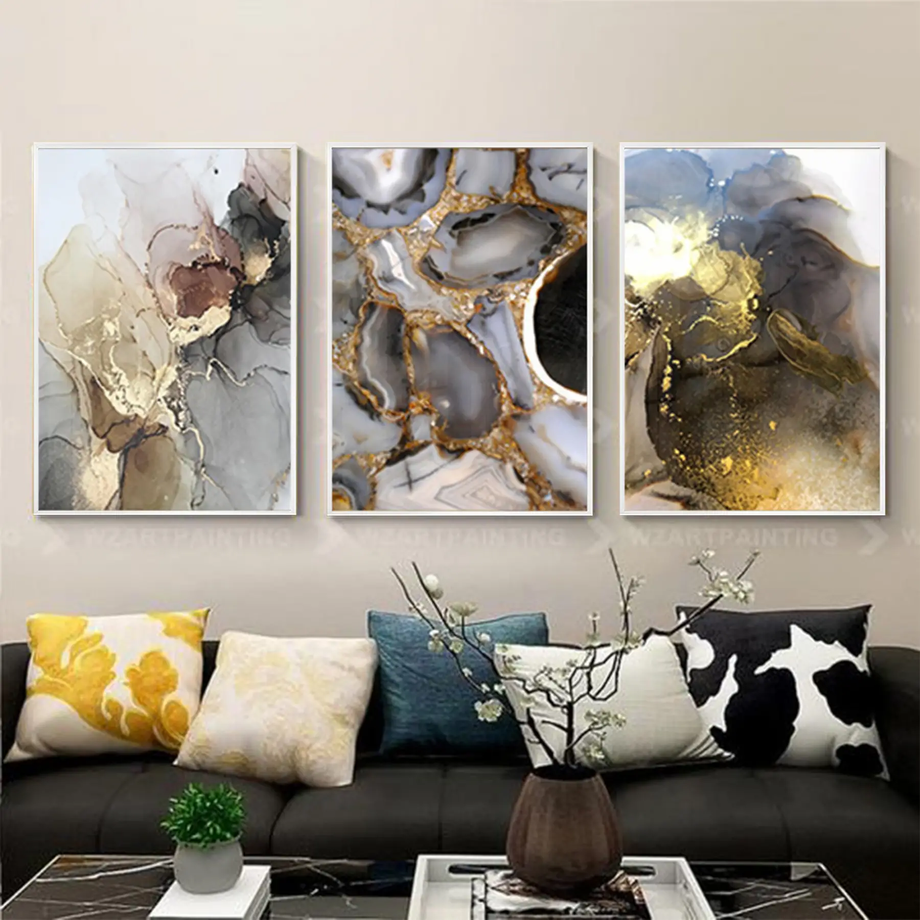 Siyah-Gold Mermer Detaylı Metal Çerçeveli Tablo Seti Beyaz