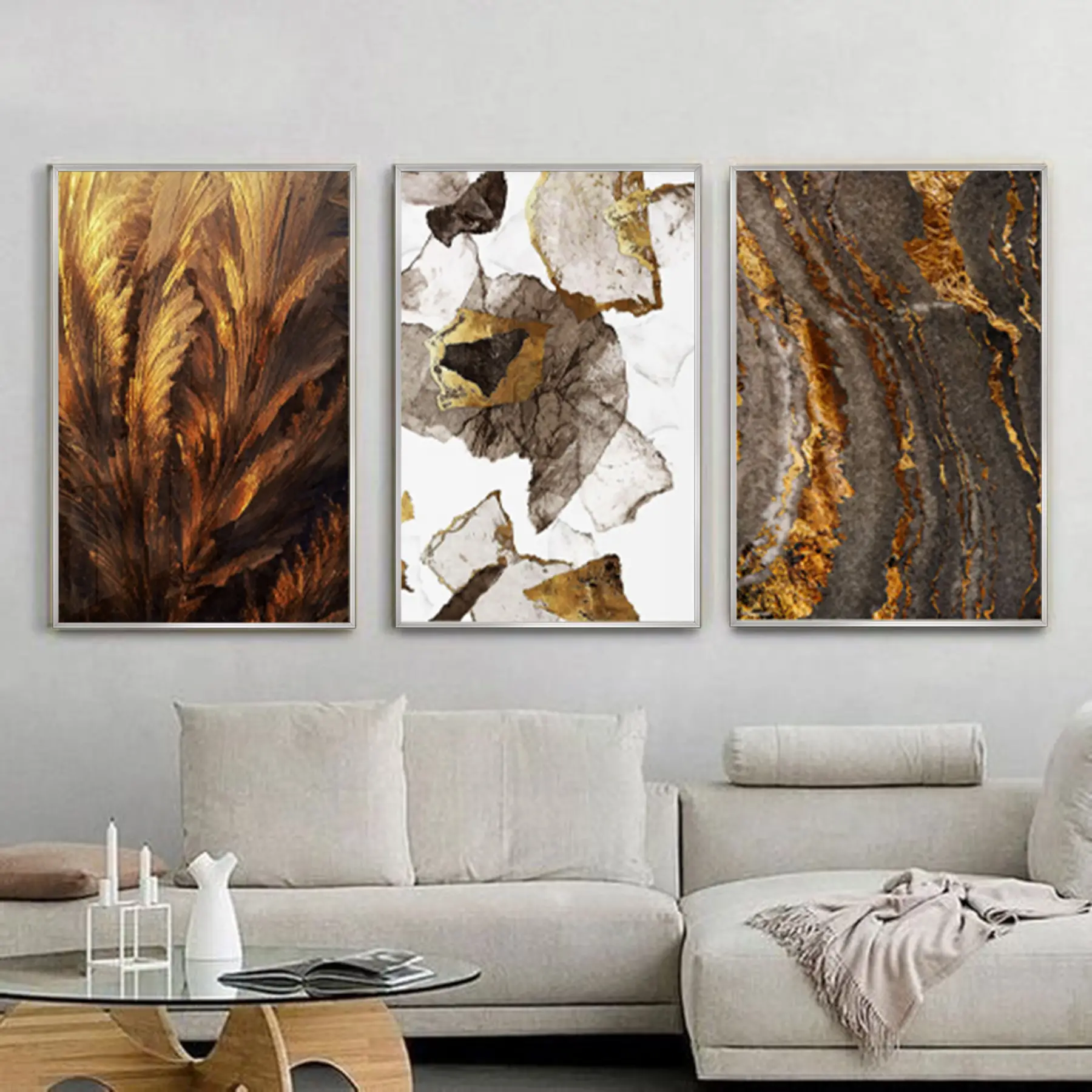 Ağaç Kabuğu Kahve Tonları Metal Çerçeveli Tablo Seti Gümüş