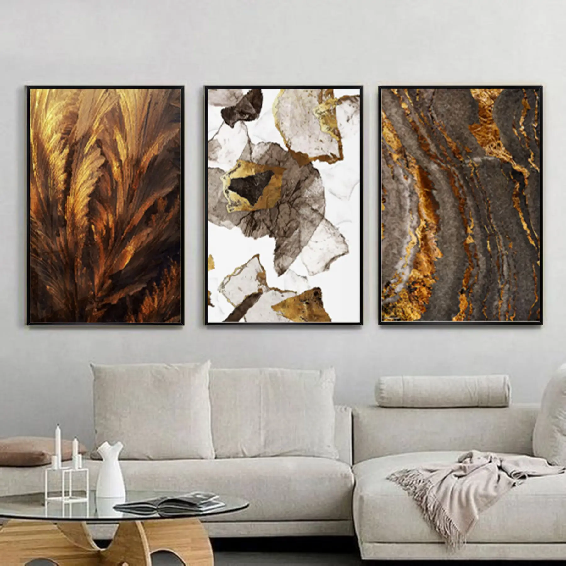 Ağaç Kabuğu Kahve Tonları Metal Çerçeveli Tablo Seti Siyah