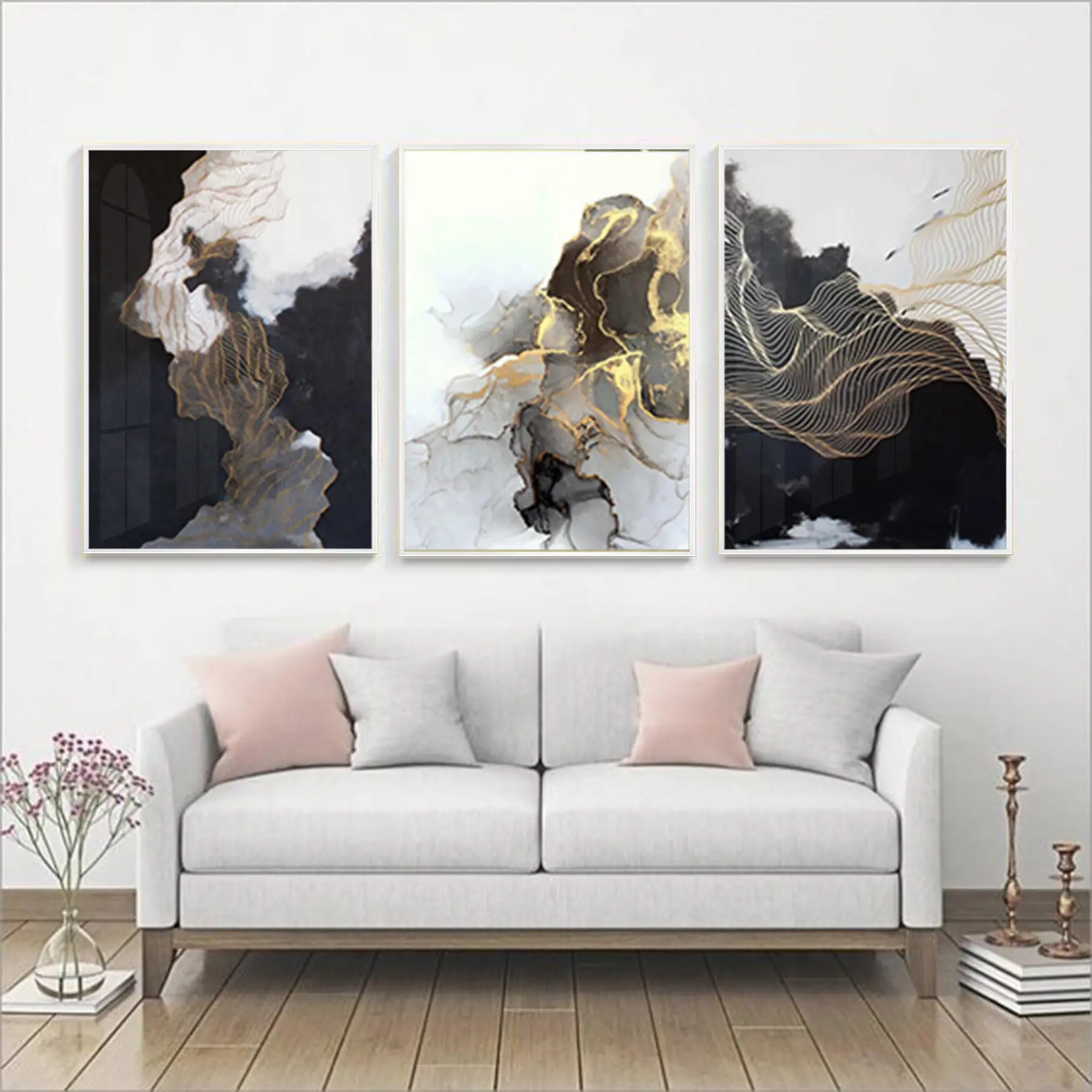 Siyah Ve Gold Mermer Desenli Metal Çerçeveli Tablo Seti Beyaz