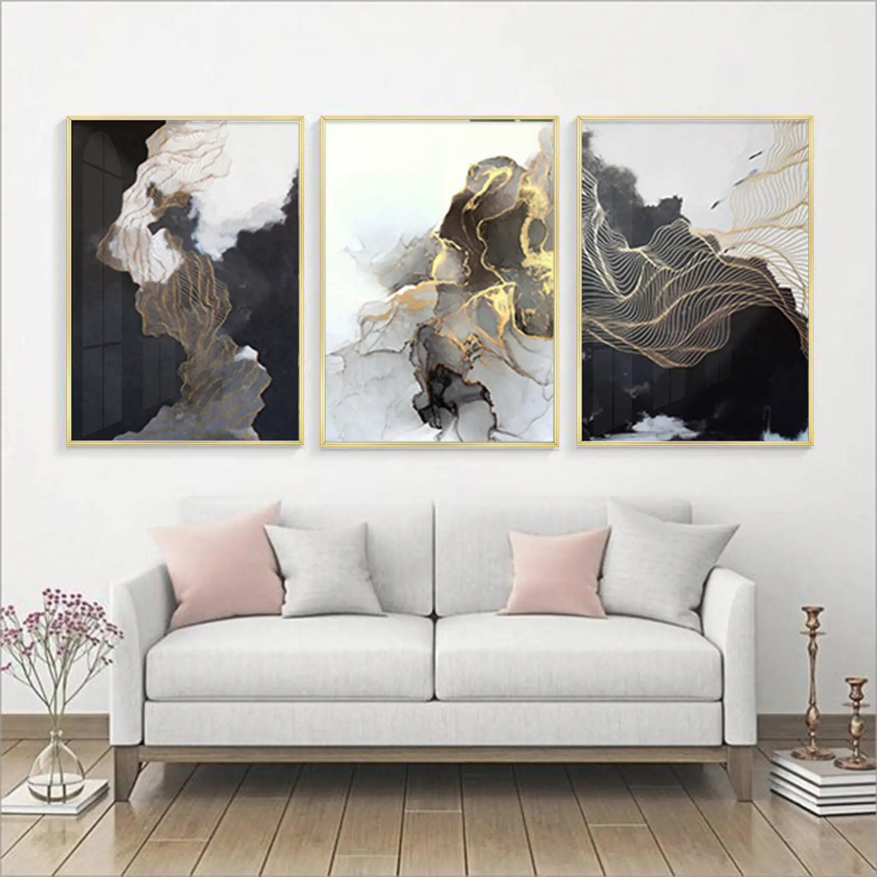 Siyah Ve Gold Mermer Desenli Metal Çerçeveli Tablo Seti Altın
