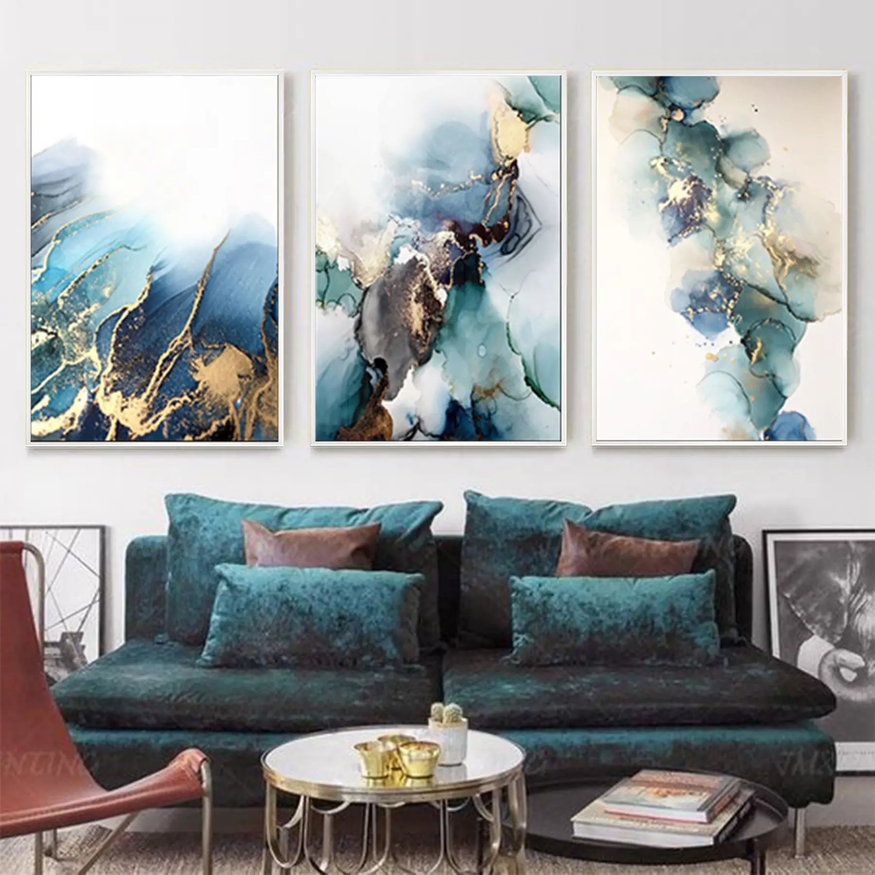 Mavi Yeşil Mermer Desenli Metal Çerçeveli Tablo Seti Beyaz