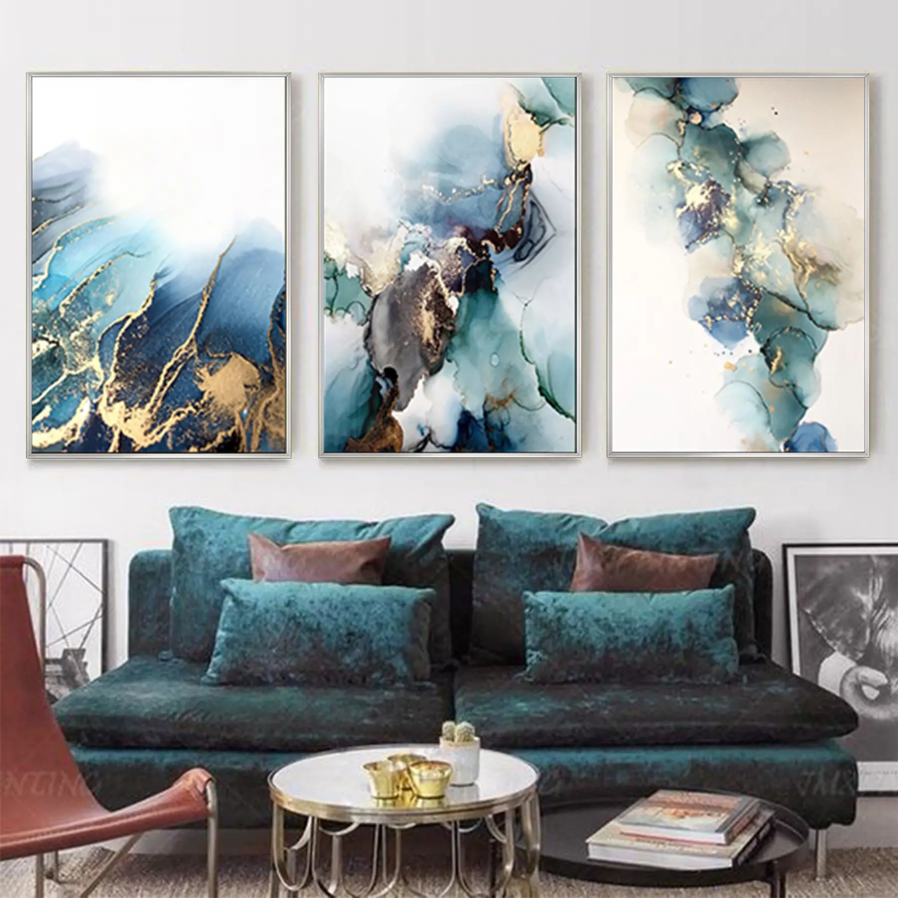 Mavi Yeşil Mermer Desenli Metal Çerçeveli Tablo Seti Gümüş