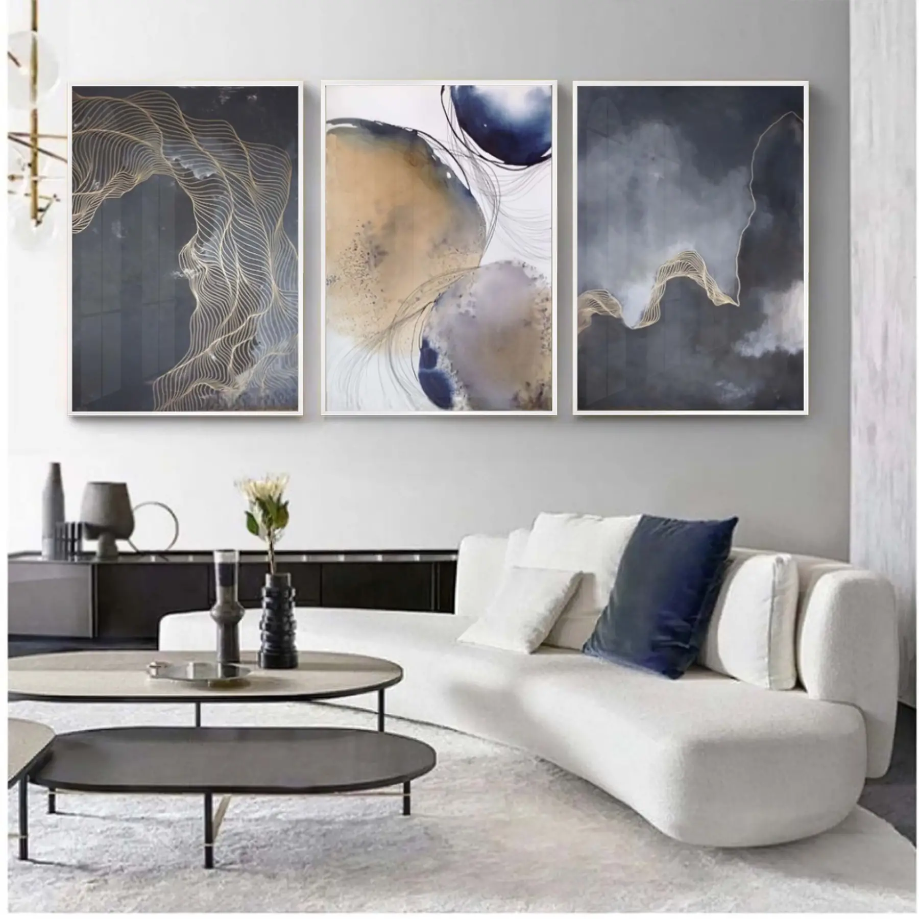 Siyah Tonlu Gold Detaylı Metal Çerçeveli Tablo Seti Beyaz