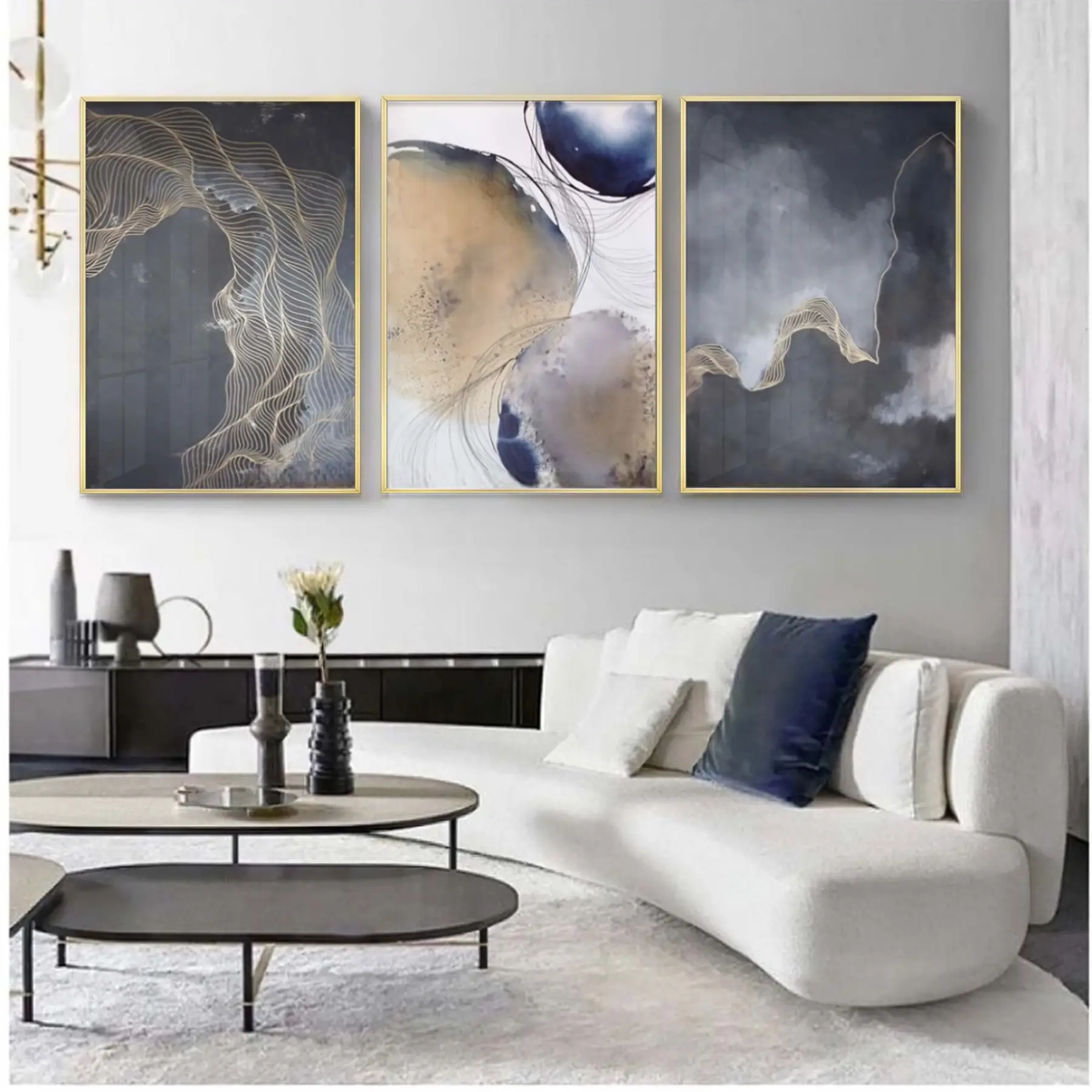 Siyah Tonlu Gold Detaylı Metal Çerçeveli Tablo Seti Altın