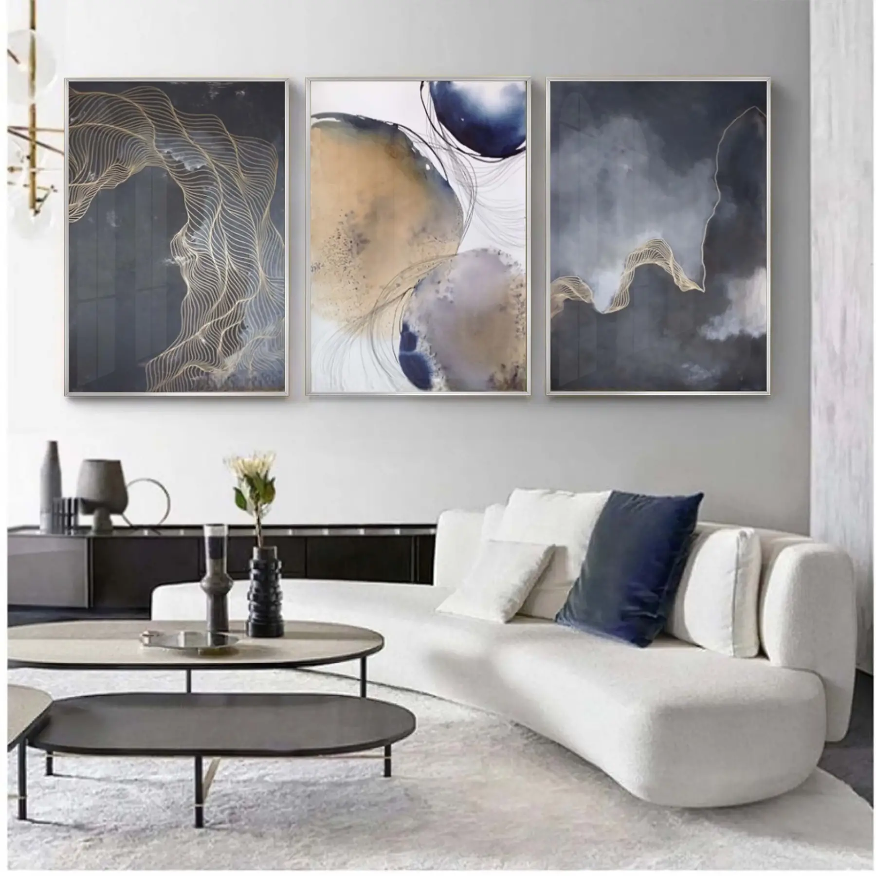 Siyah Tonlu Gold Detaylı Metal Çerçeveli Tablo Seti Gümüş