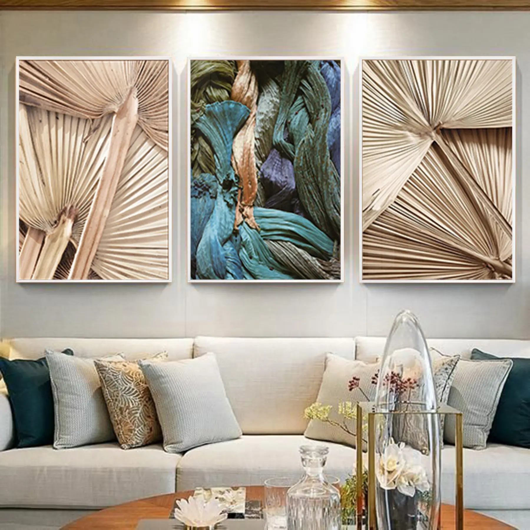 Yeşil Ve Krem Renkli Çiçek Desenli Metal Çerçeveli Tablo Seti Beyaz