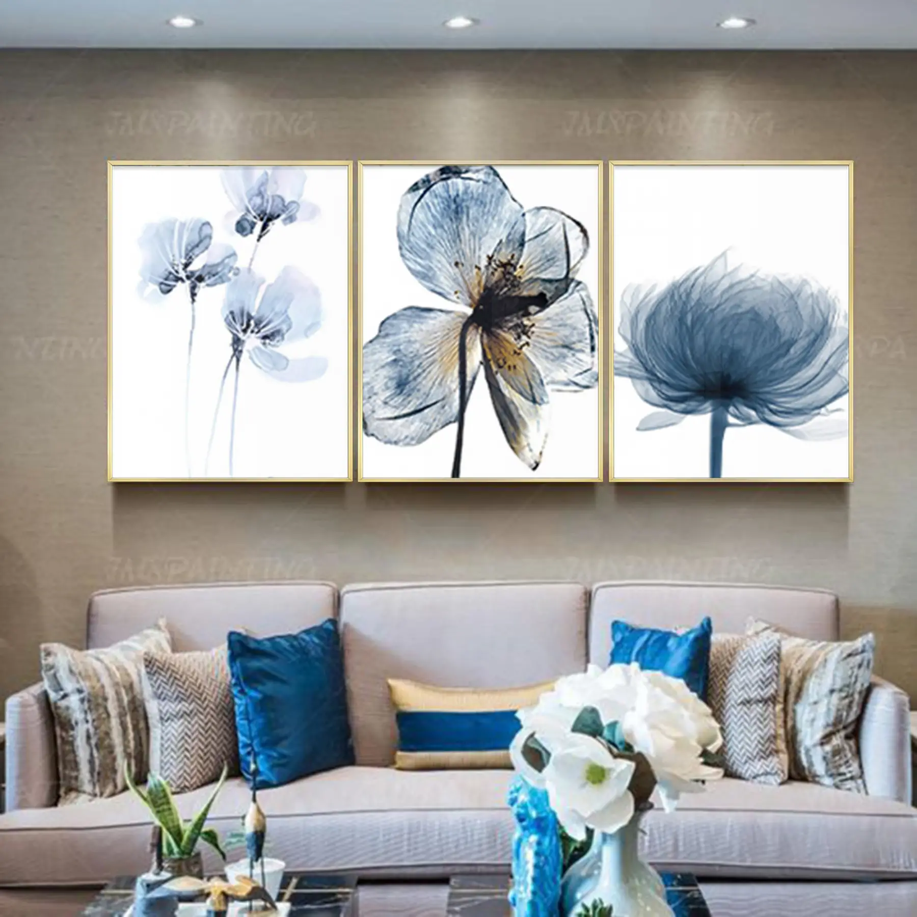 Mavi Çiçekler Desenli Metal Çerçeveli Tablo Seti Altın