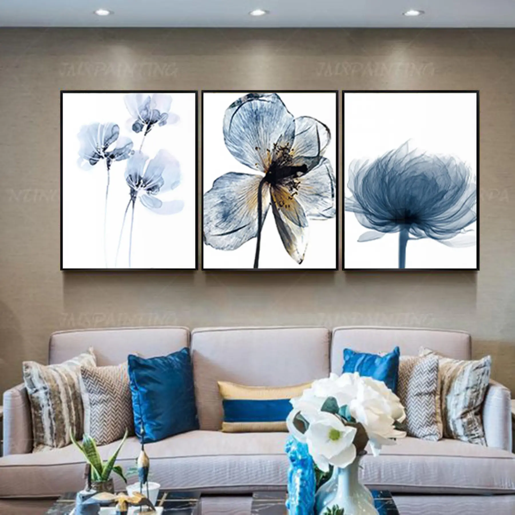 Mavi Çiçekler Desenli Metal Çerçeveli Tablo Seti Siyah