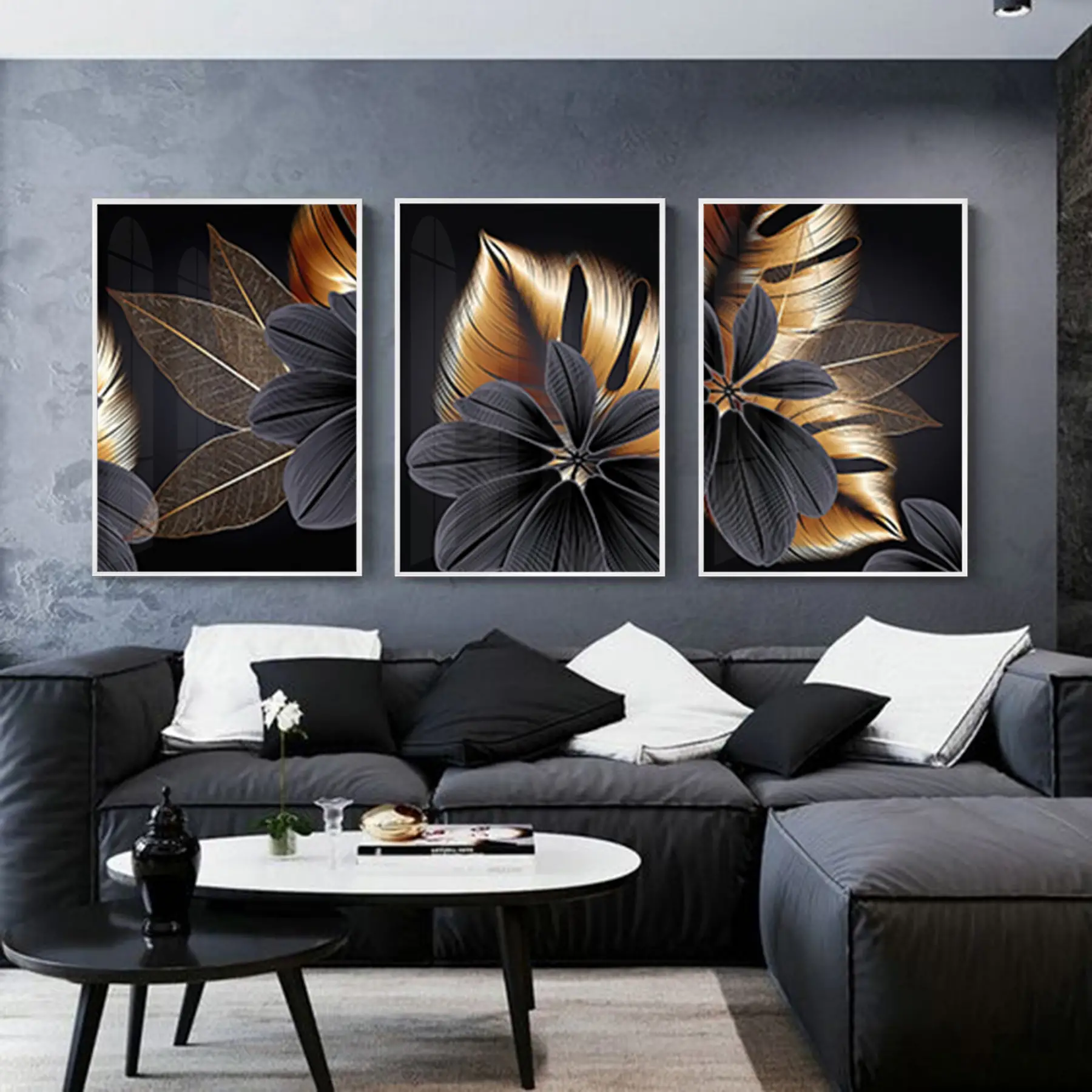 Siyah Çiçek Desenli Metal Çerçeveli Tablo Seti Beyaz