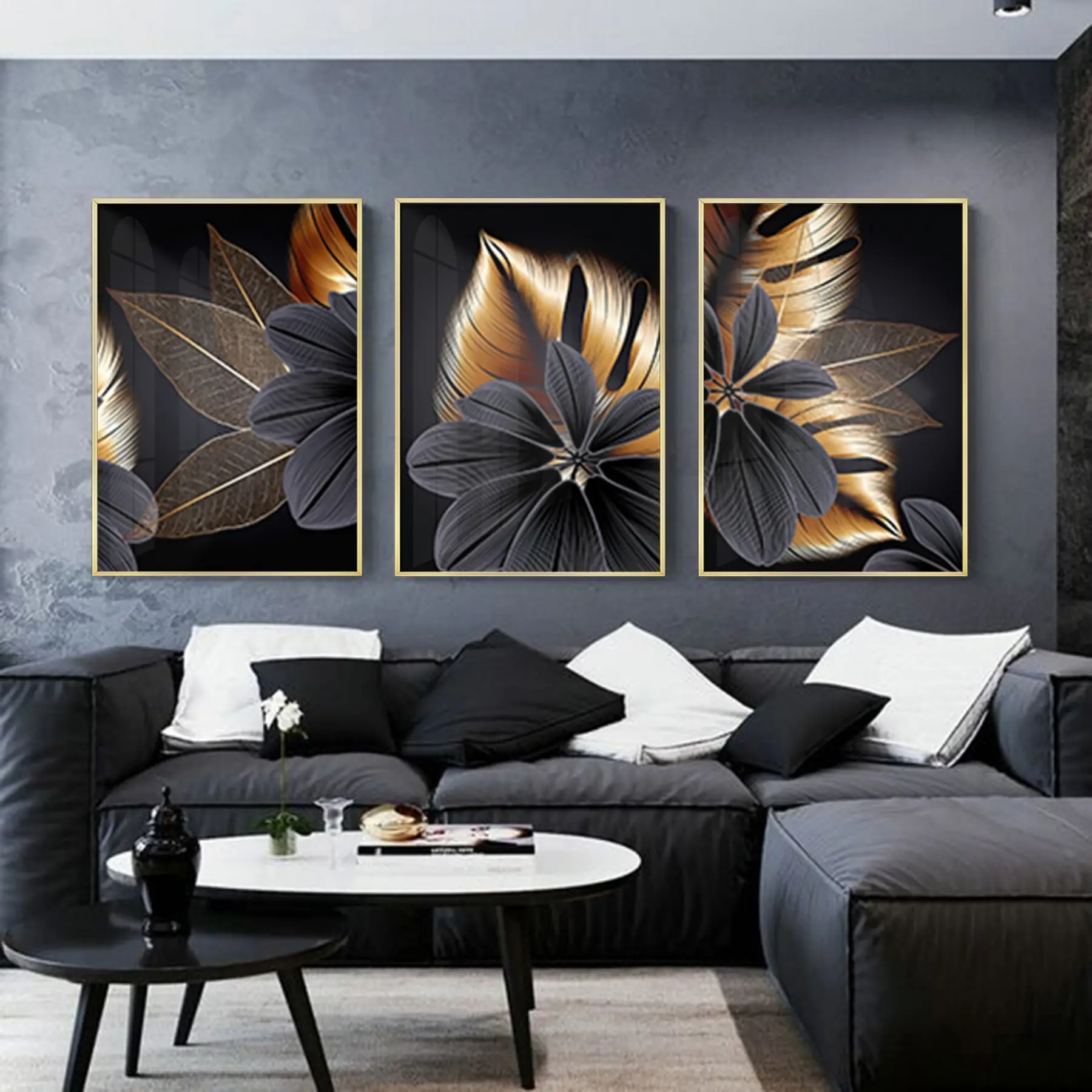 Siyah Çiçek Desenli Metal Çerçeveli Tablo Seti Altın