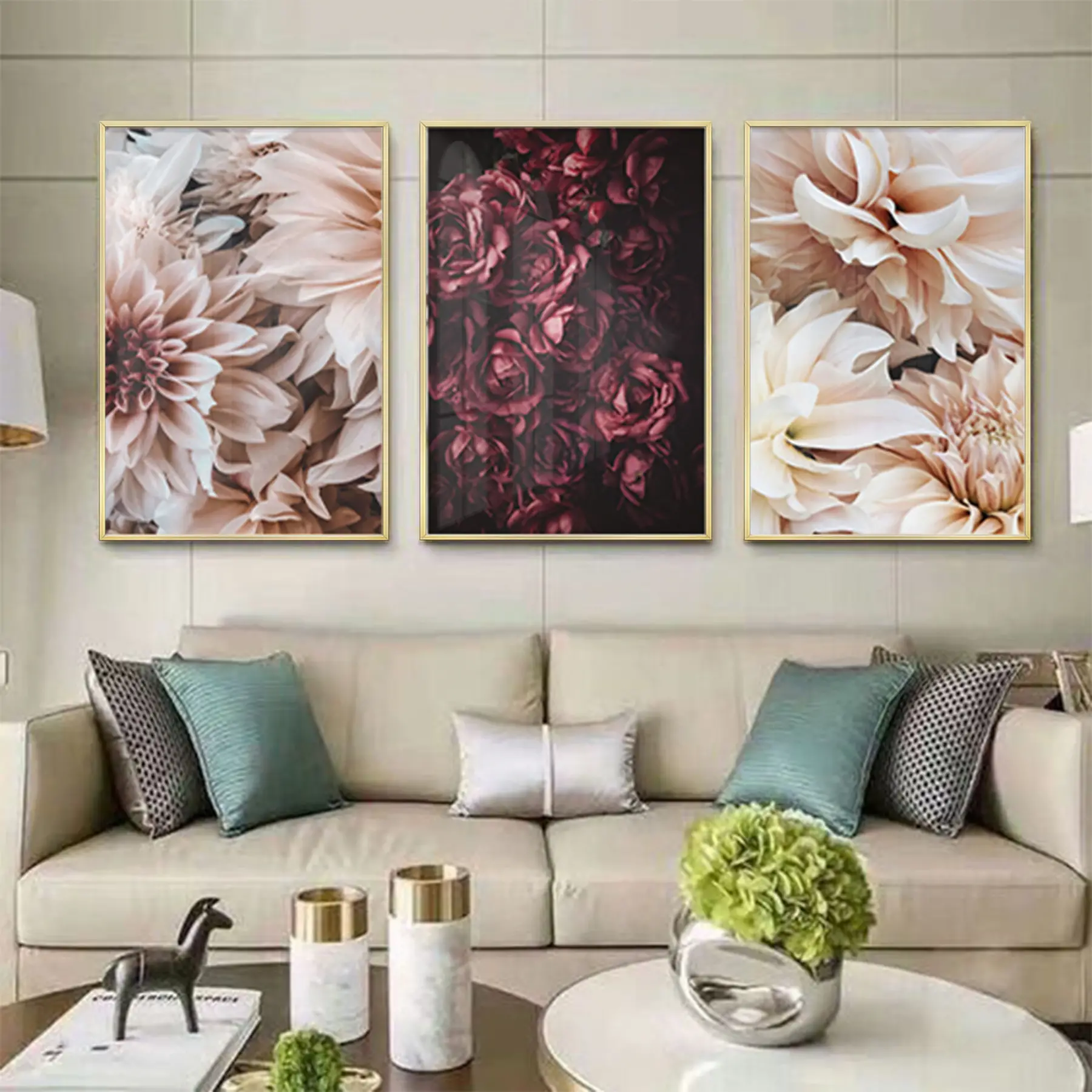 Kırmızı Çiçek Desenli Metal Çerçeveli Tablo Seti Altın