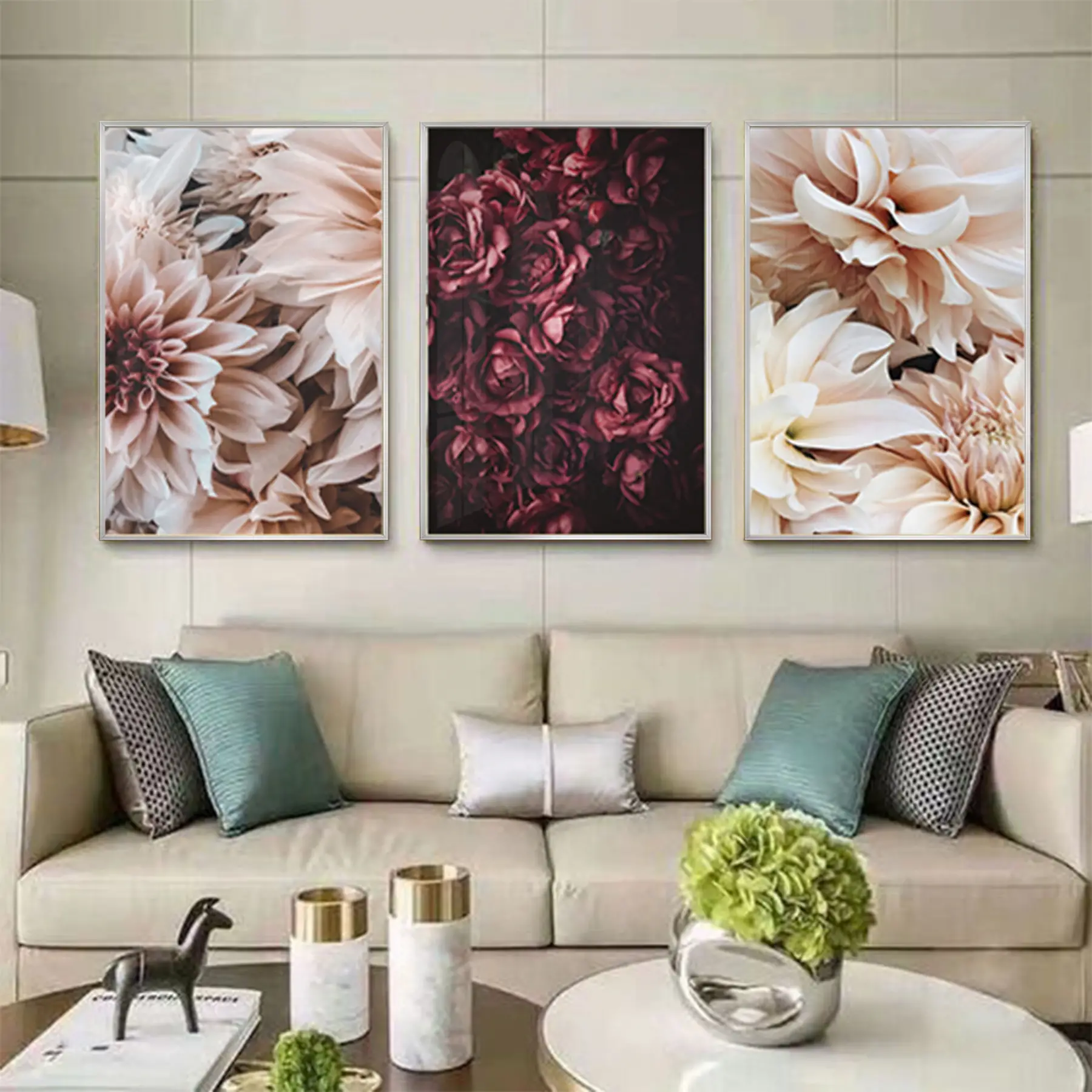 Kırmızı Çiçek Desenli Metal Çerçeveli Tablo Seti Gümüş