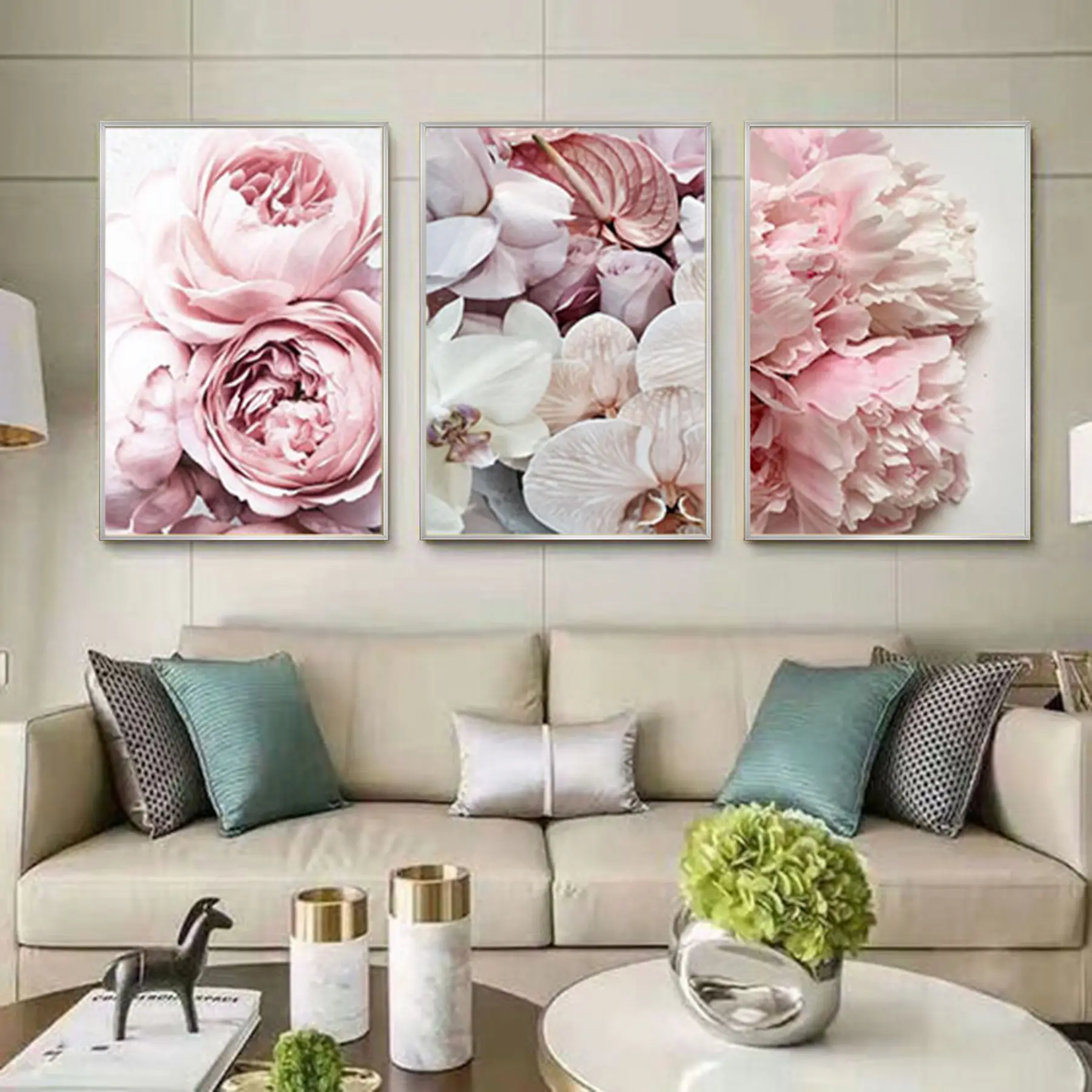 Pembe Çiçekler Desenli Metal Çerçeveli Tablo Seti Gümüş