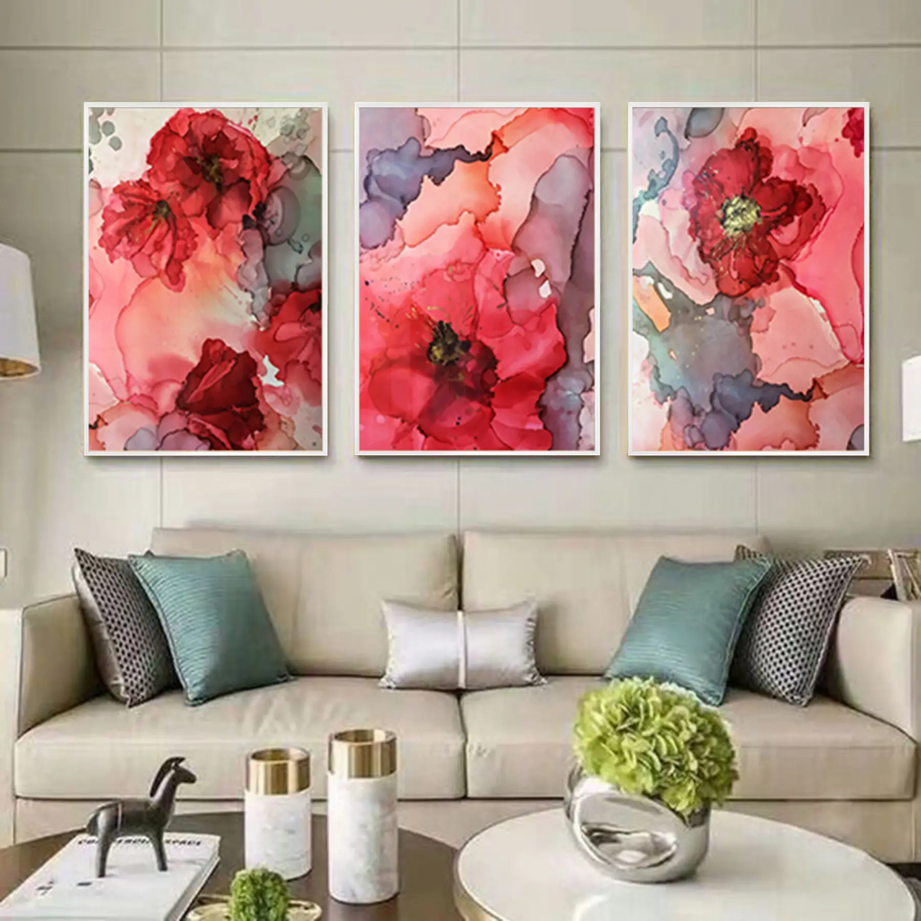 Sulu Boya Efektli Çiçek Desenli Metal Çerçeveli Tablo Seti Beyaz