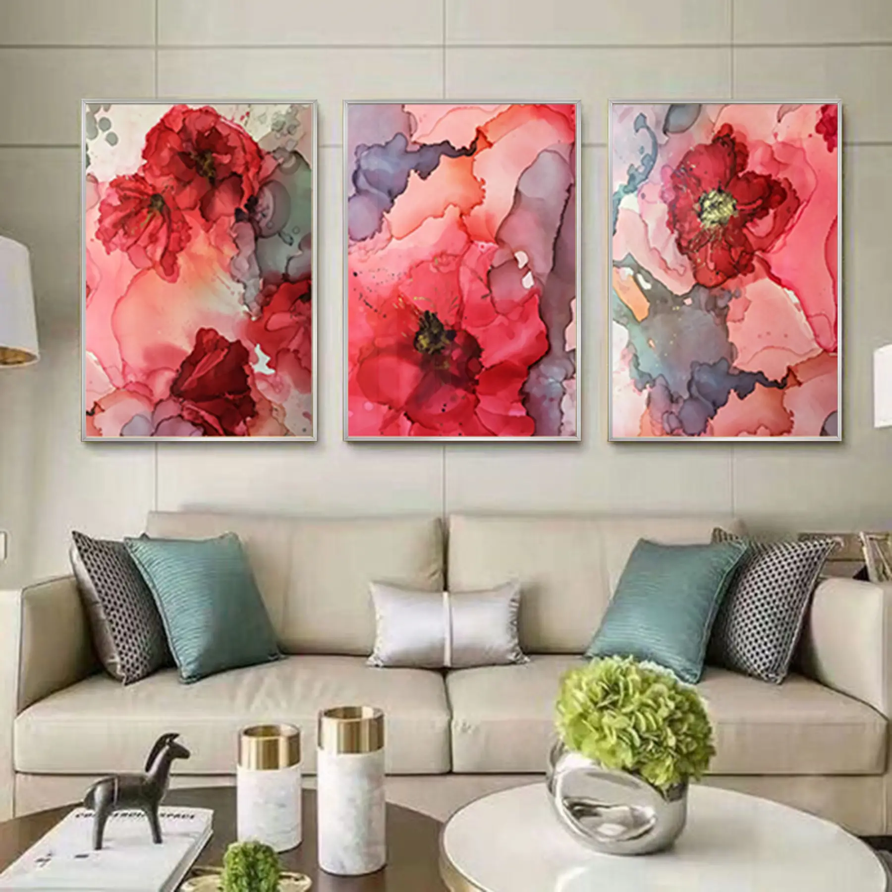 Sulu Boya Efektli Çiçek Desenli Metal Çerçeveli Tablo Seti Gümüş