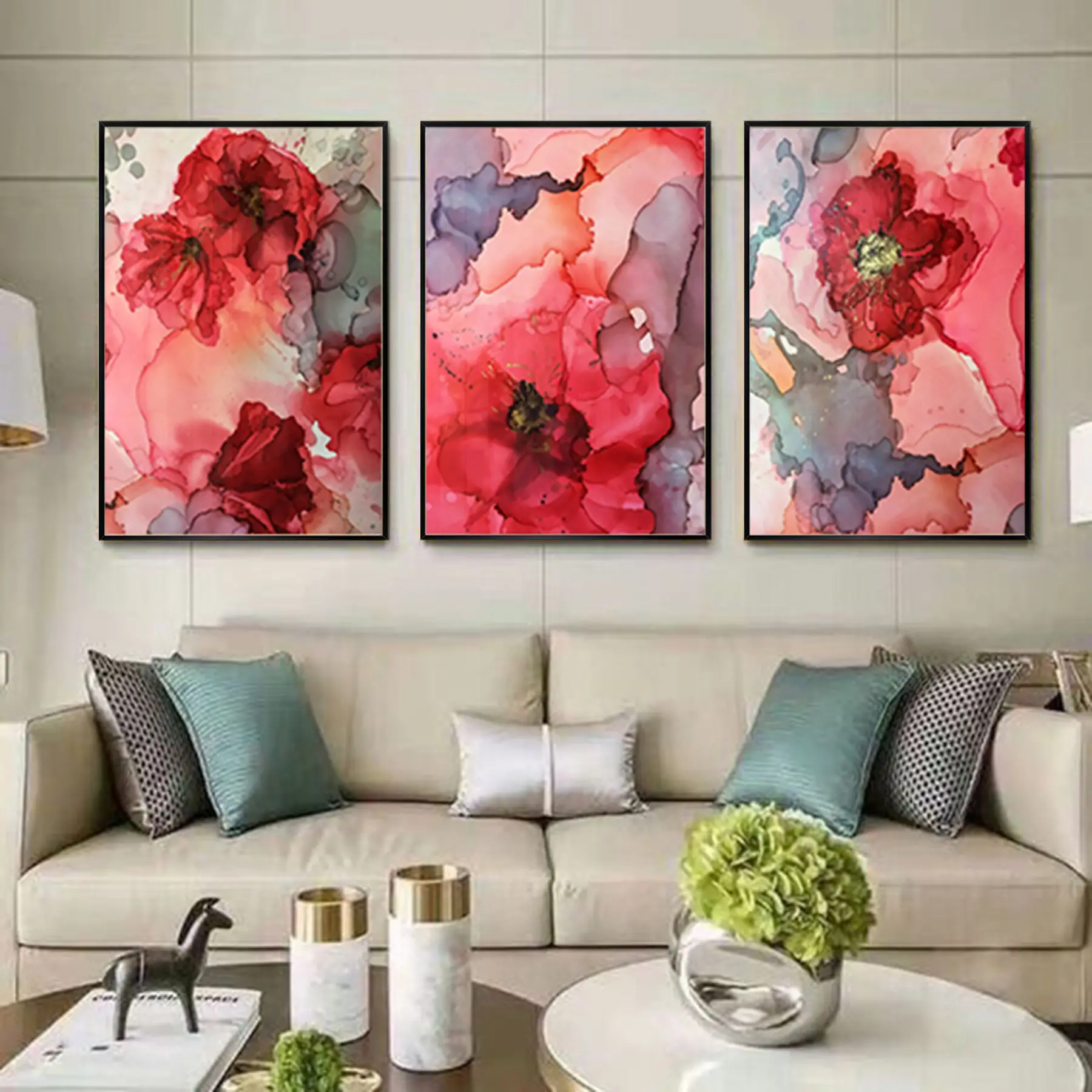 Sulu Boya Efektli Çiçek Desenli Metal Çerçeveli Tablo Seti Siyah