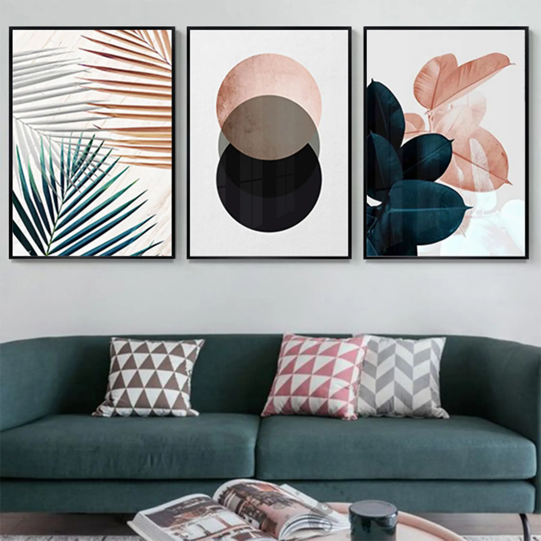 Çiçek Desenli Metal Çerçeveli Tablo Seti Siyah