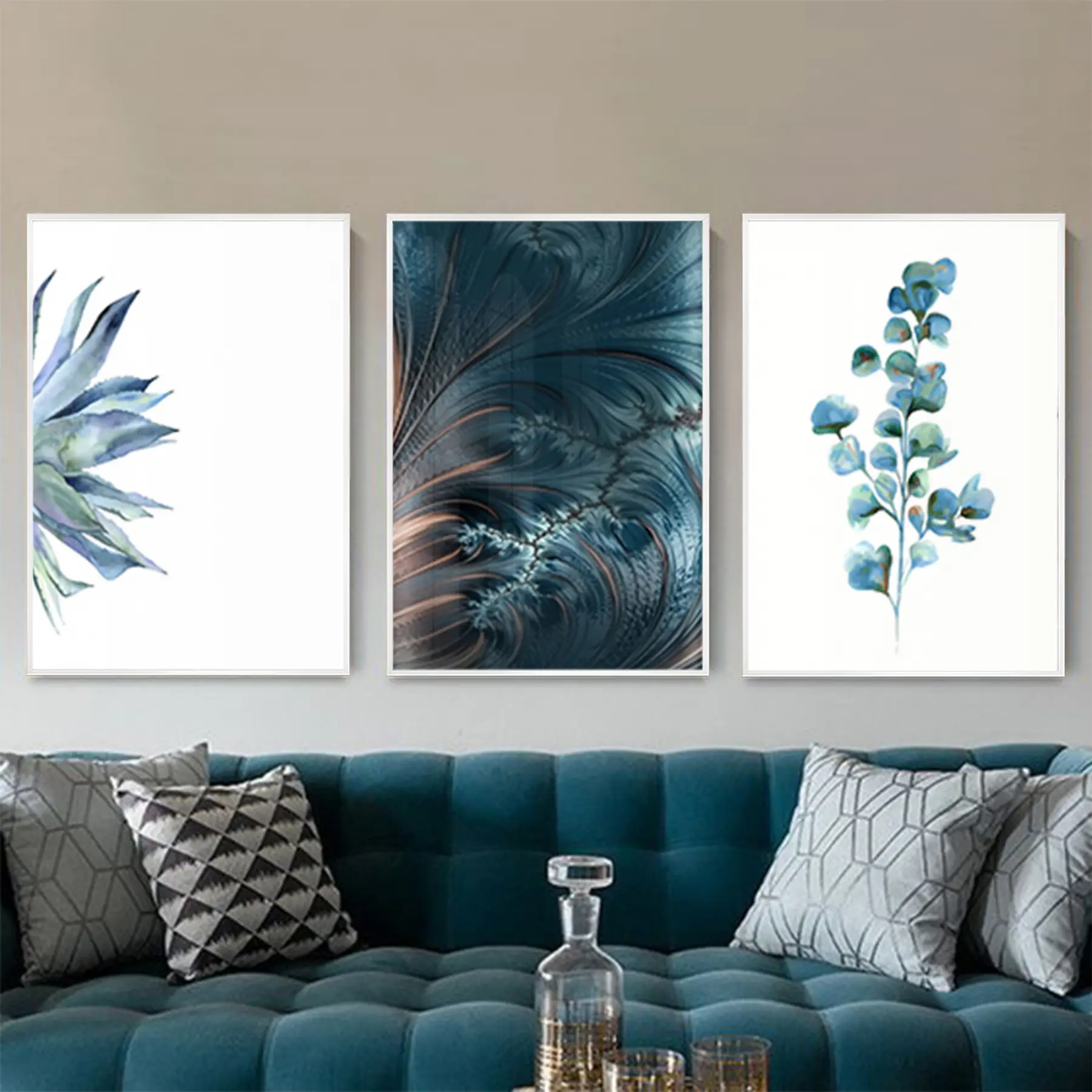 Mavi Çiçekler Desenli Metal Çerçeveli Tablo Seti Beyaz