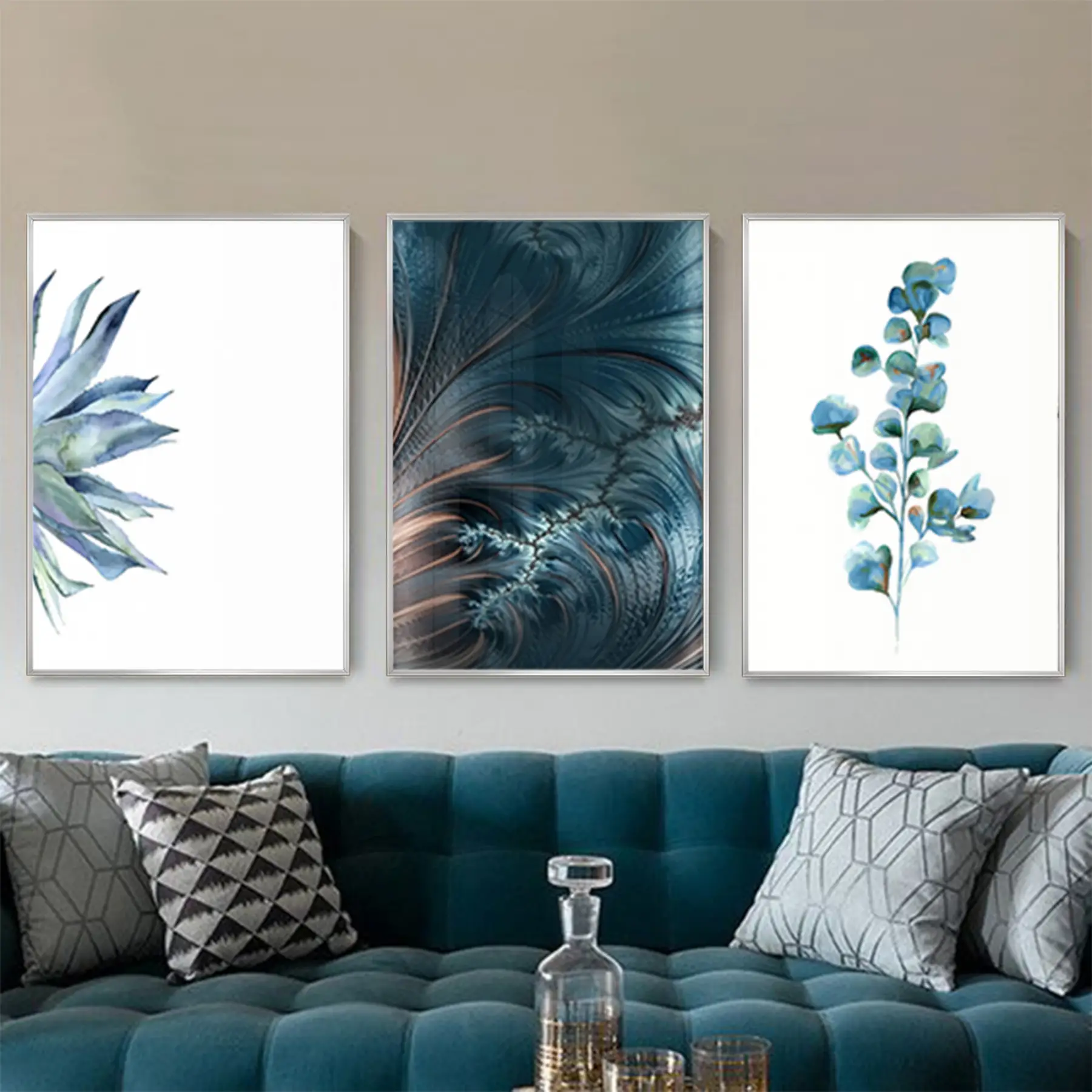 Mavi Çiçekler Desenli Metal Çerçeveli Tablo Seti Gümüş