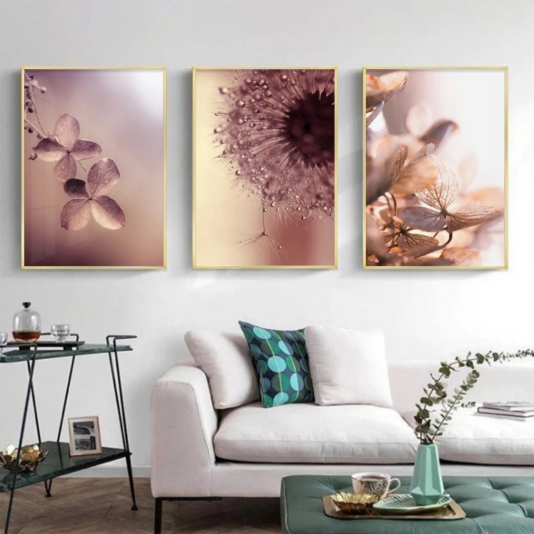 Çiçek Desenli Metal Çerçeveli Tablo Seti Altın