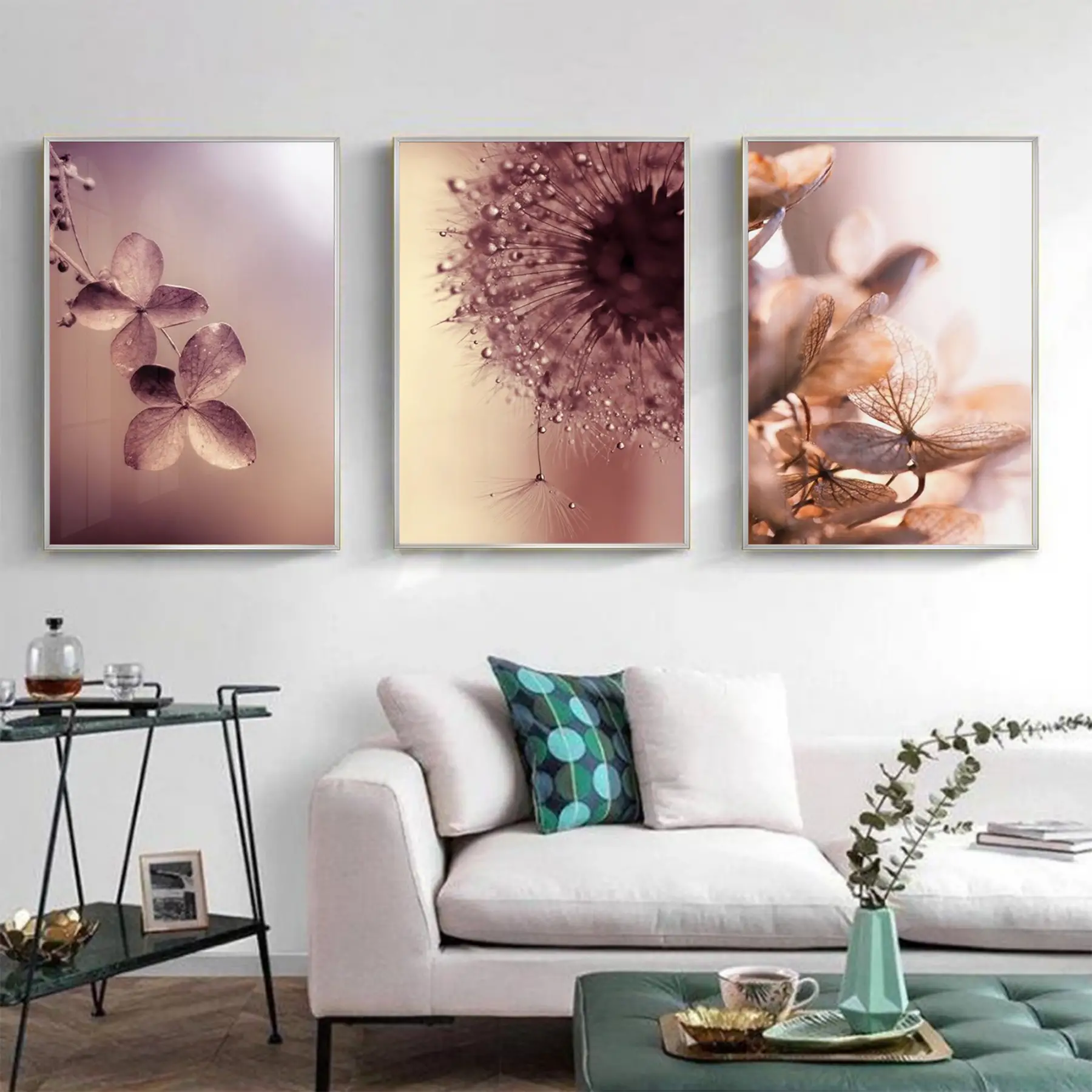 Çiçek Desenli Metal Çerçeveli Tablo Seti Gümüş