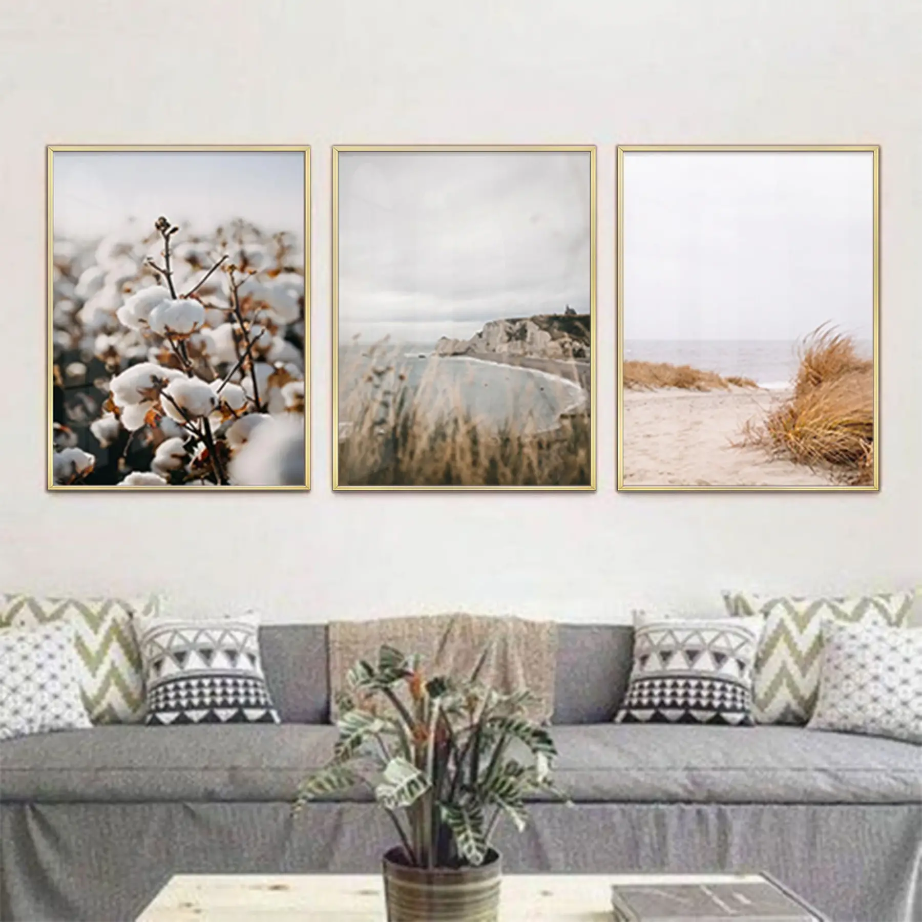 Bohem Renkler Çiçek Desenli Metal Çerçeveli Tablo Seti Altın