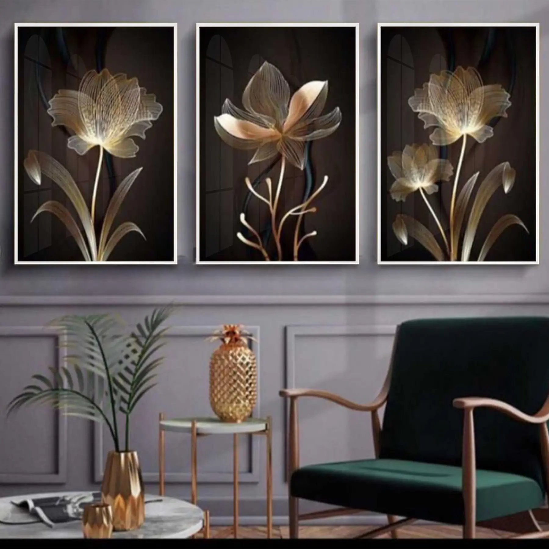 Siyah Ve Gold Desenli Metal Çerçeveli Tablo Seti Beyaz