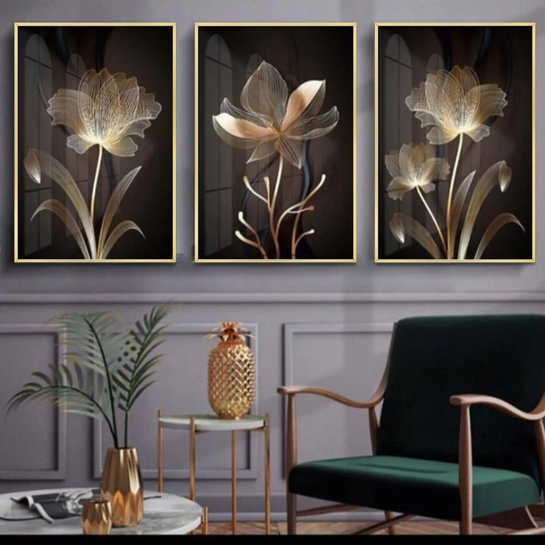 Siyah Ve Gold Desenli Metal Çerçeveli Tablo Seti Altın