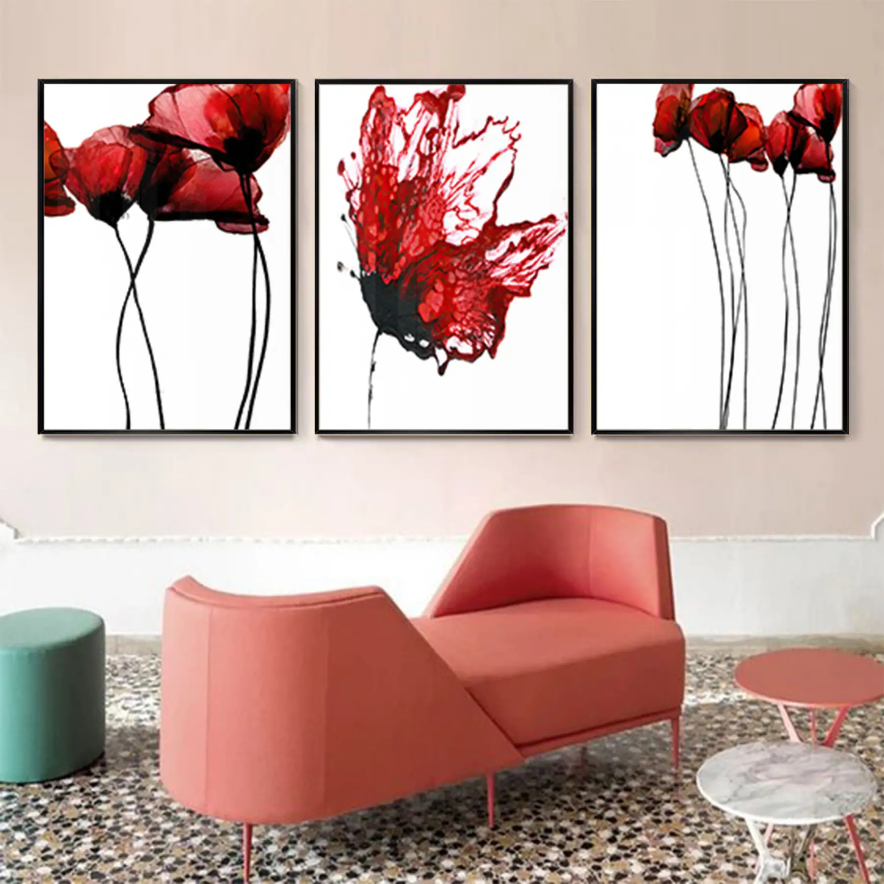 Kırmızı Çiçek Desenli Metal Çerçeveli Tablo Seti Siyah