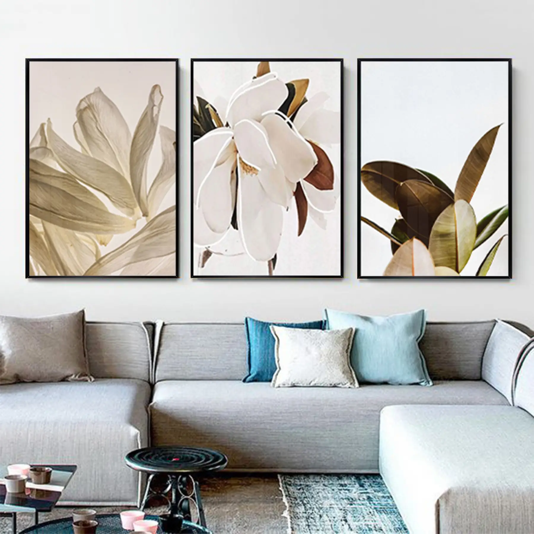 Beyaz Çiçek Desenli Metal Çerçeveli Tablo Seti Siyah