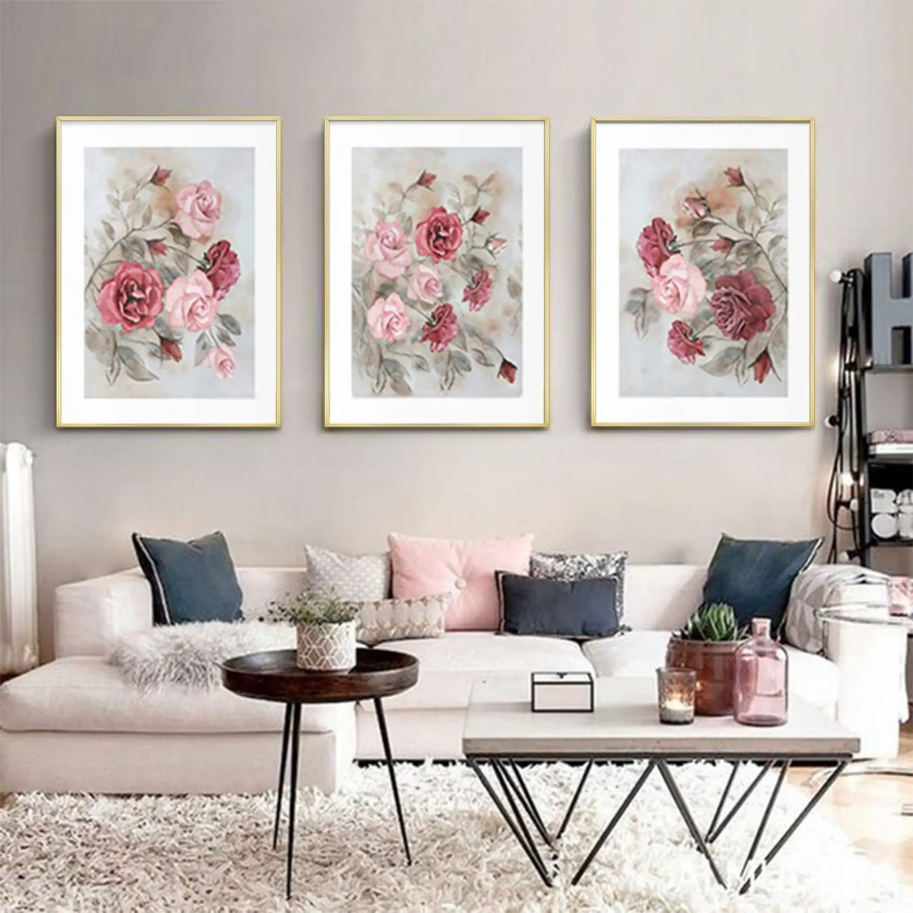 Çiçek Desenli Metal Çerçeveli Tablo Seti Altın