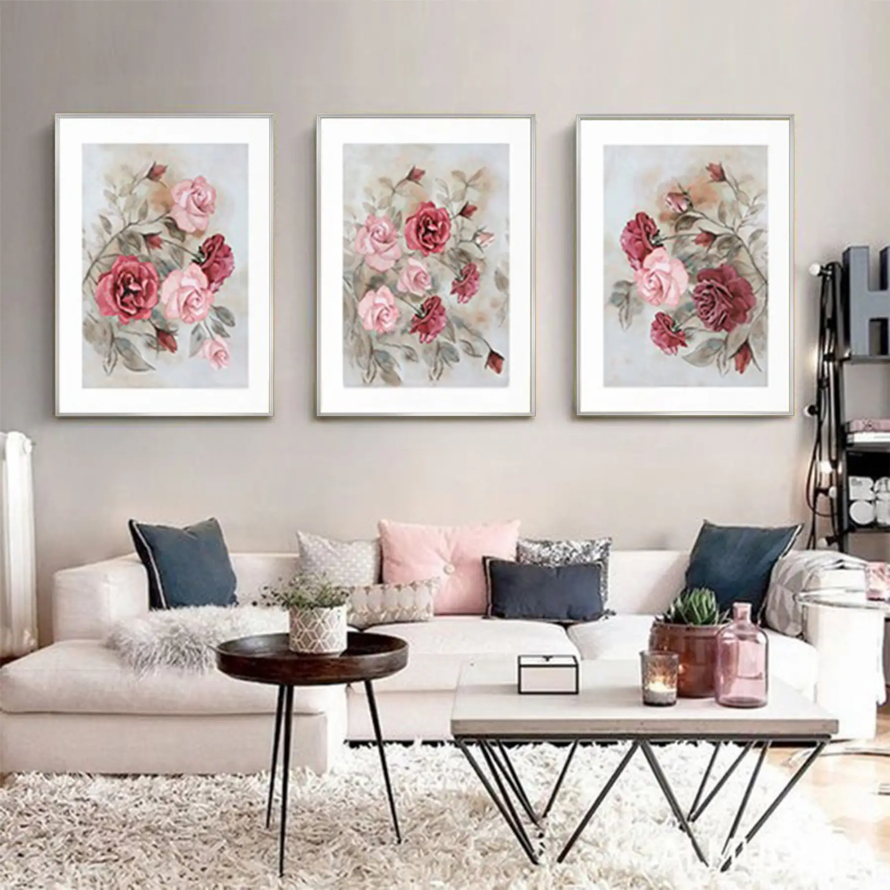 Çiçek Desenli Metal Çerçeveli Tablo Seti Gümüş