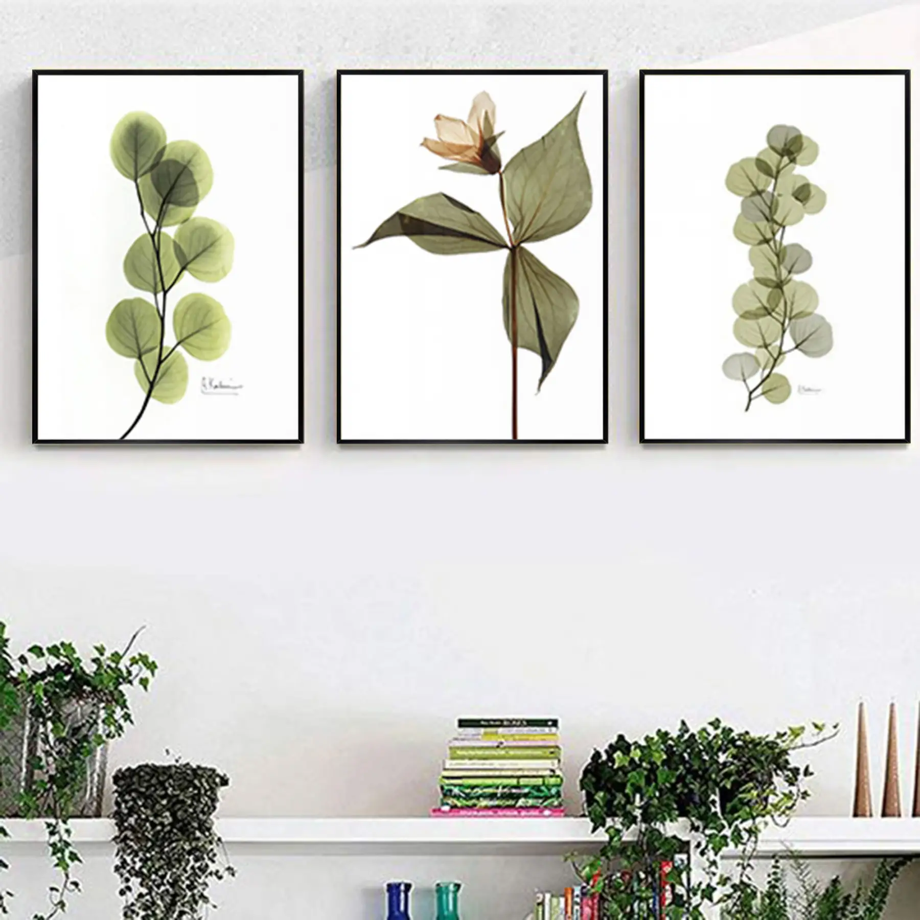 Yeşil Yapraklı Çiçek Desenli Metal Çerçeveli Tablo Seti Siyah