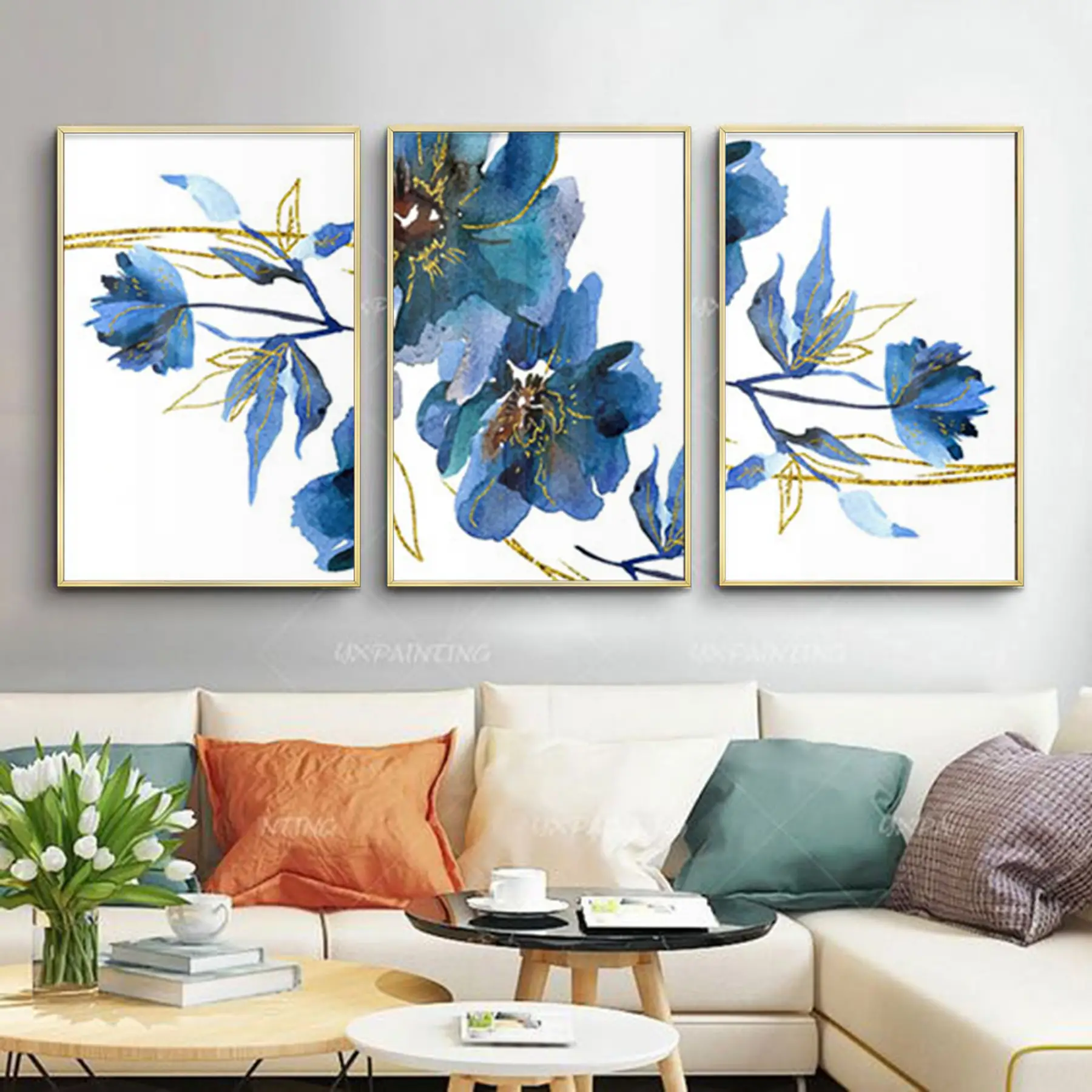 Mavi Çiçekler Desenli Metal Çerçeveli Tablo Seti Altın
