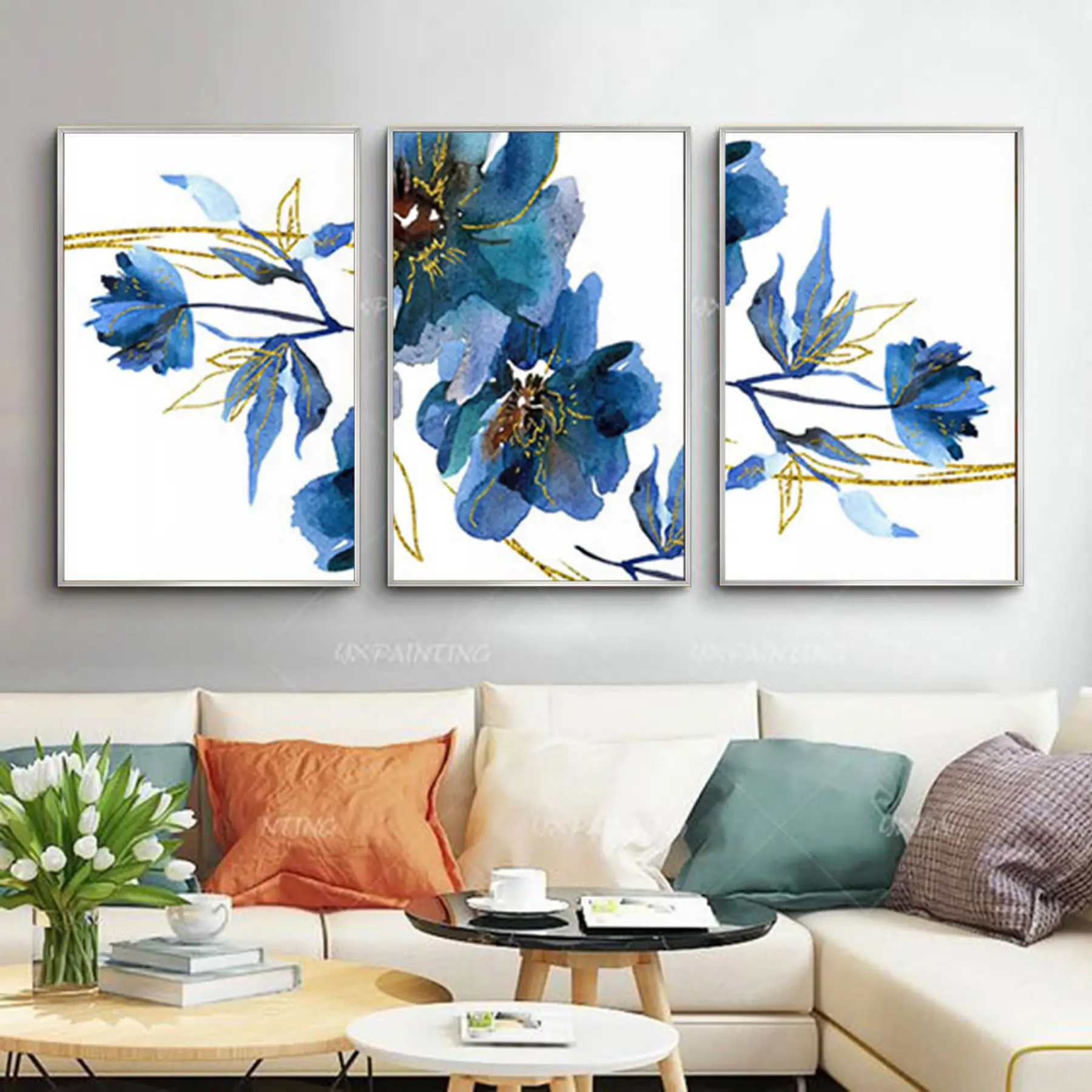 Mavi Çiçekler Desenli Metal Çerçeveli Tablo Seti Gümüş