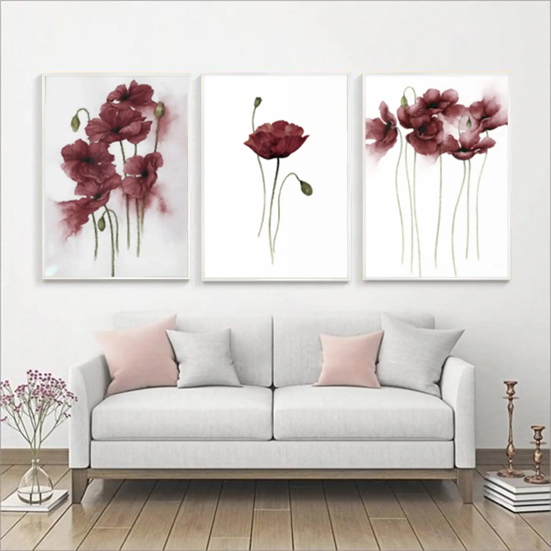 Bordo Çiçekler Desenli Metal Çerçeveli Tablo Seti Beyaz