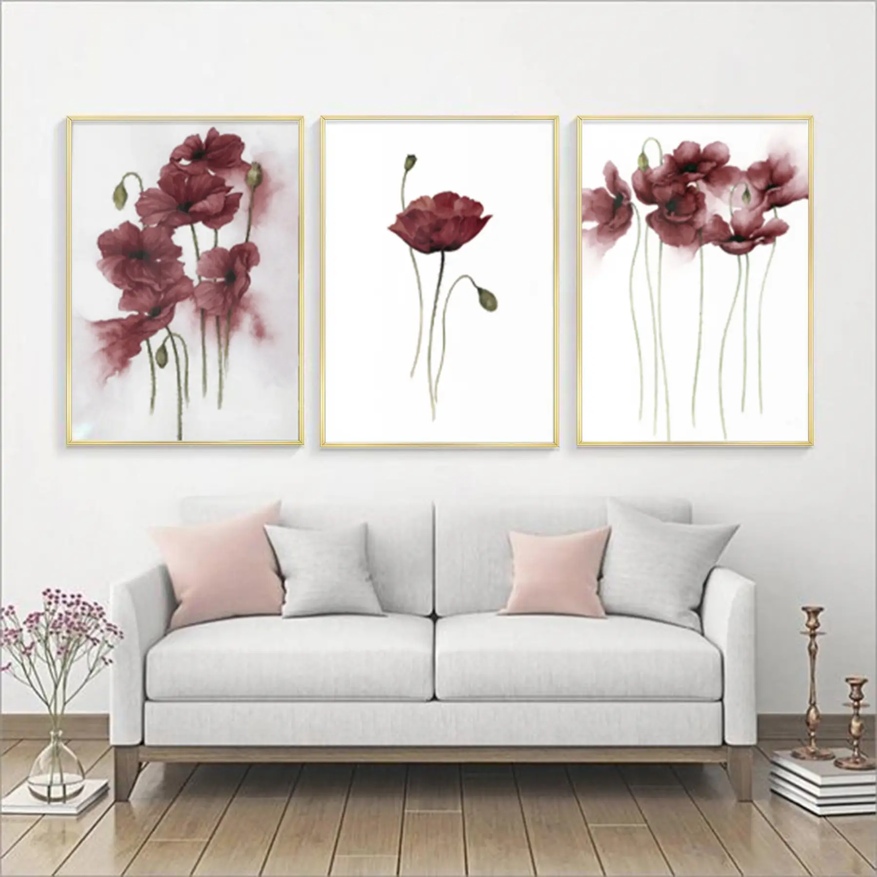 Bordo Çiçekler Desenli Metal Çerçeveli Tablo Seti Altın