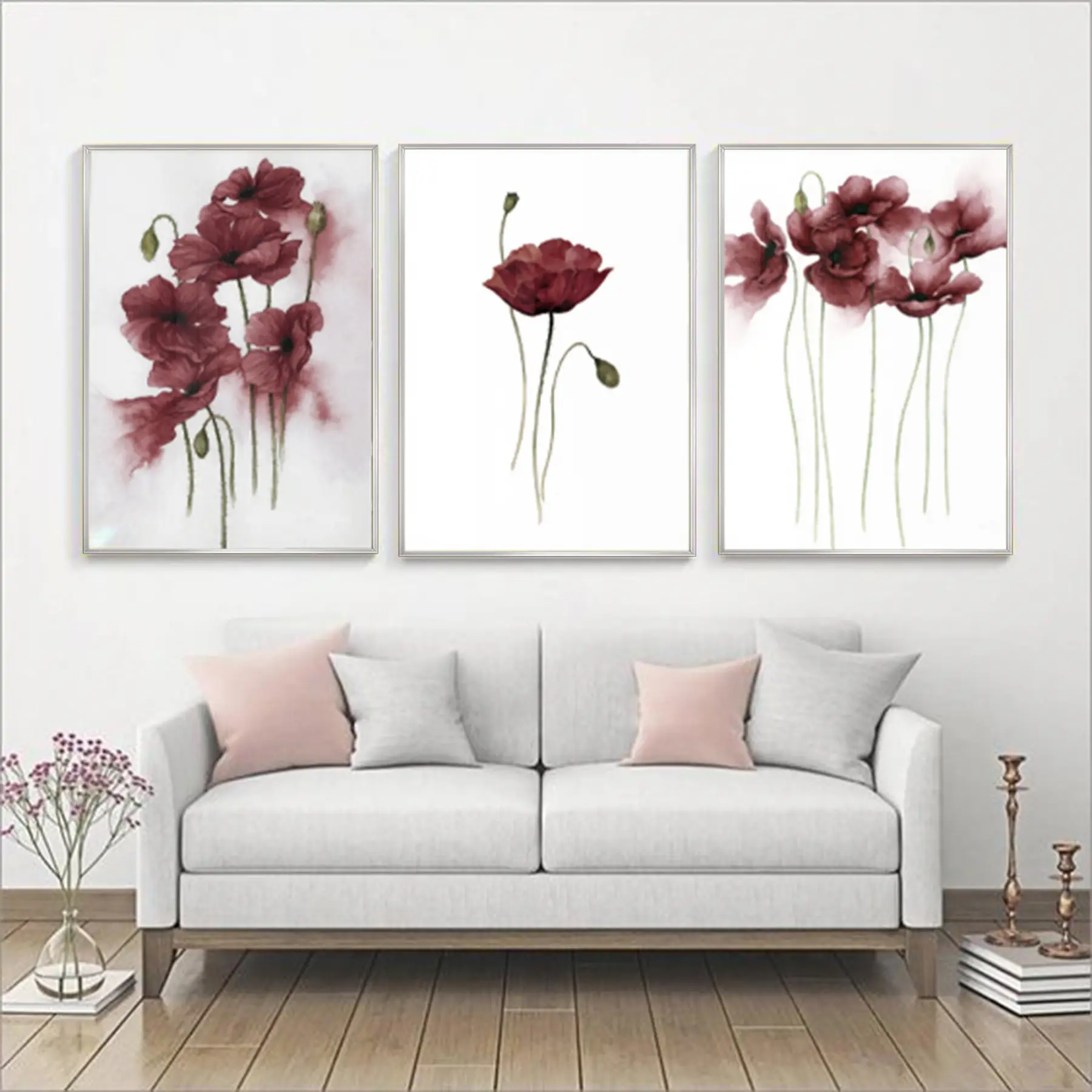 Bordo Çiçekler Desenli Metal Çerçeveli Tablo Seti Gümüş