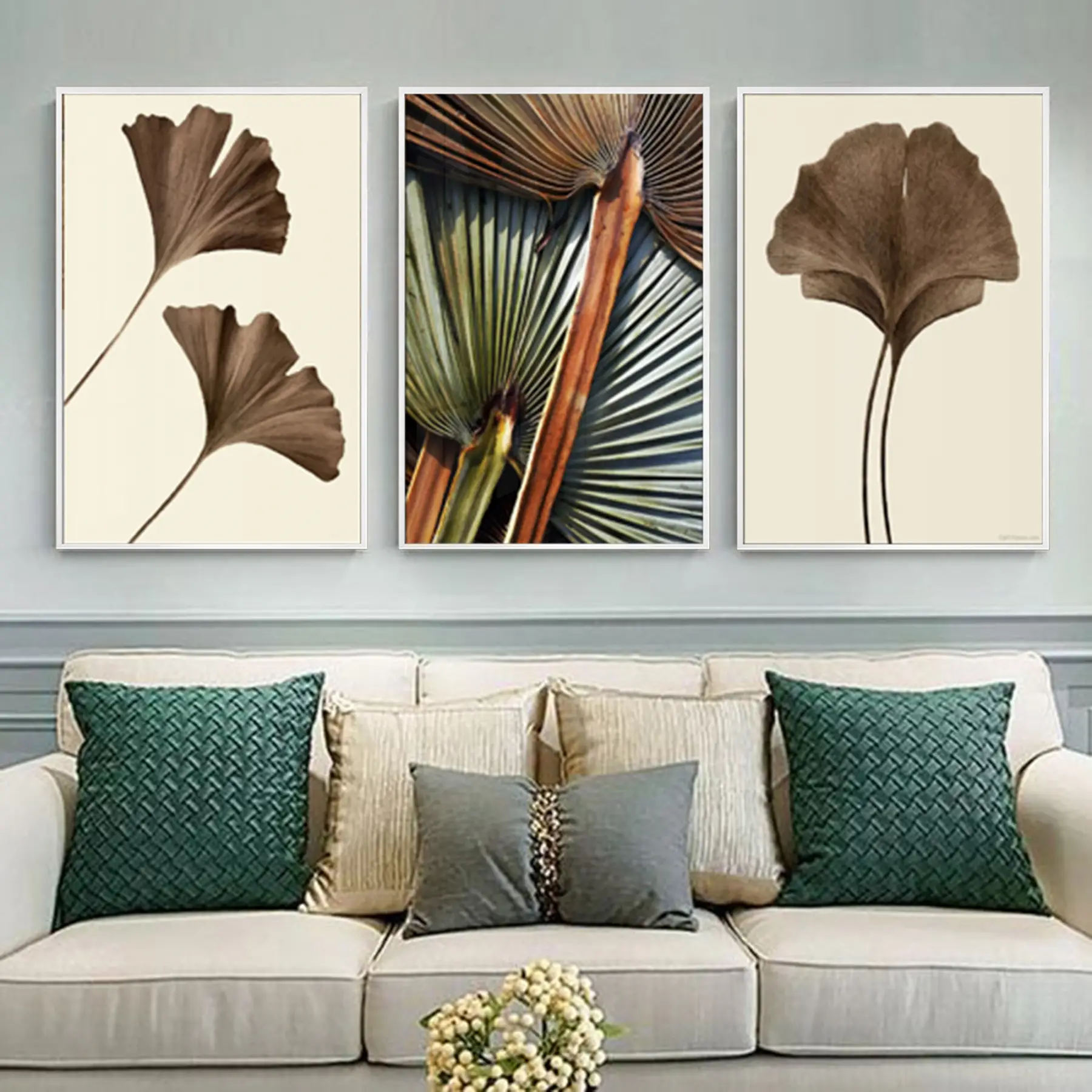 Kahve-Yeşil Desenli Çiçekli Metal Çerçeveli Tablo Seti Beyaz