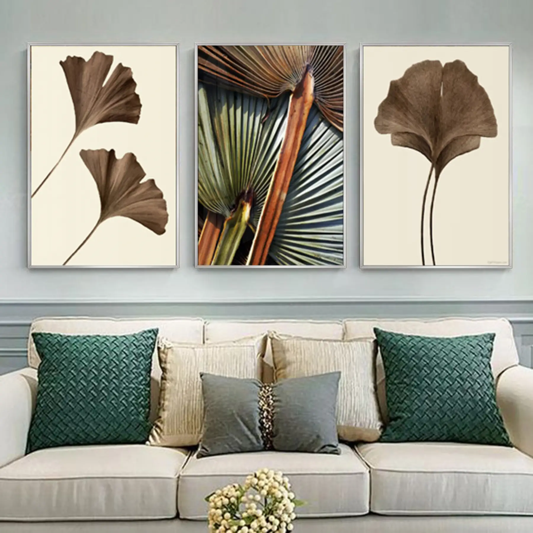 Kahve-Yeşil Desenli Çiçekli Metal Çerçeveli Tablo Seti Gümüş