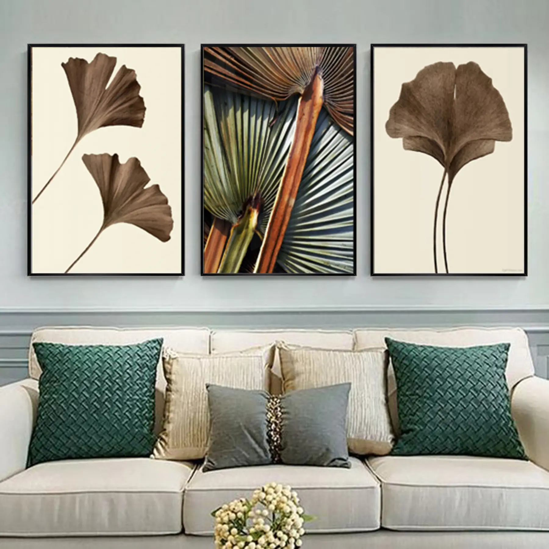 Kahve-Yeşil Desenli Çiçekli Metal Çerçeveli Tablo Seti Siyah